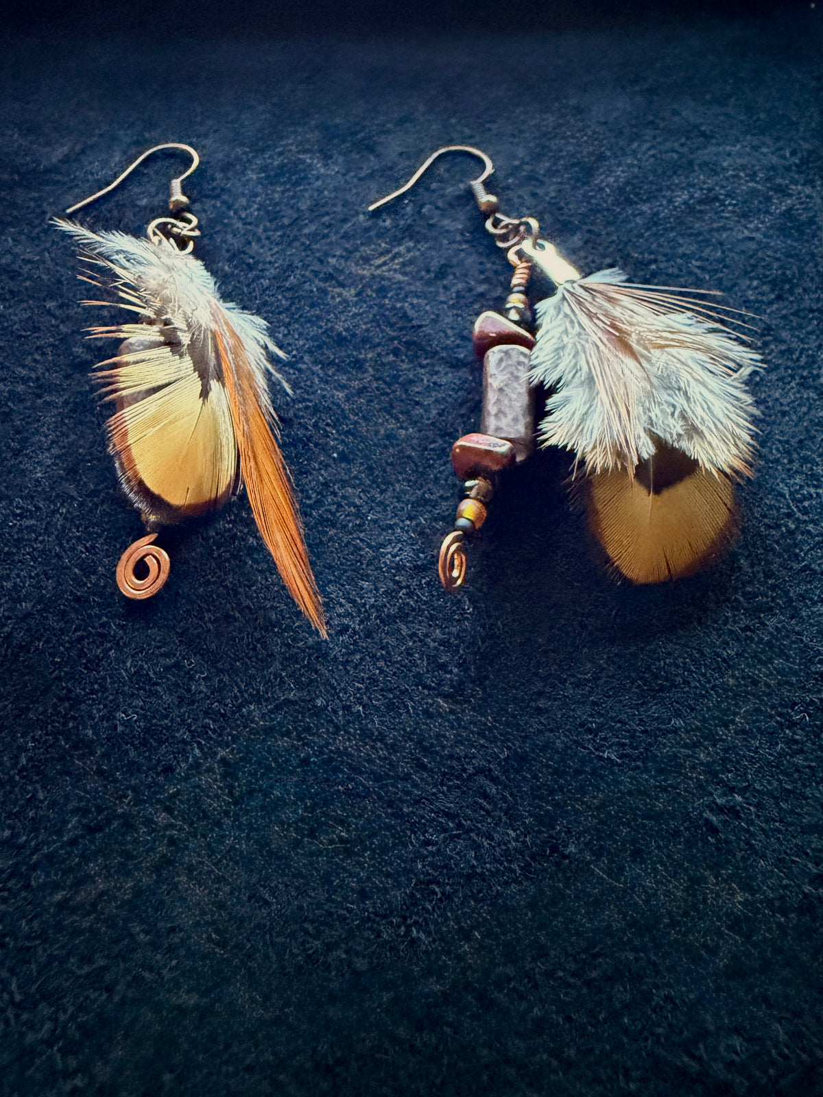 Red Jasper & Quail Feather Dangle Earrings | Hammered Copper