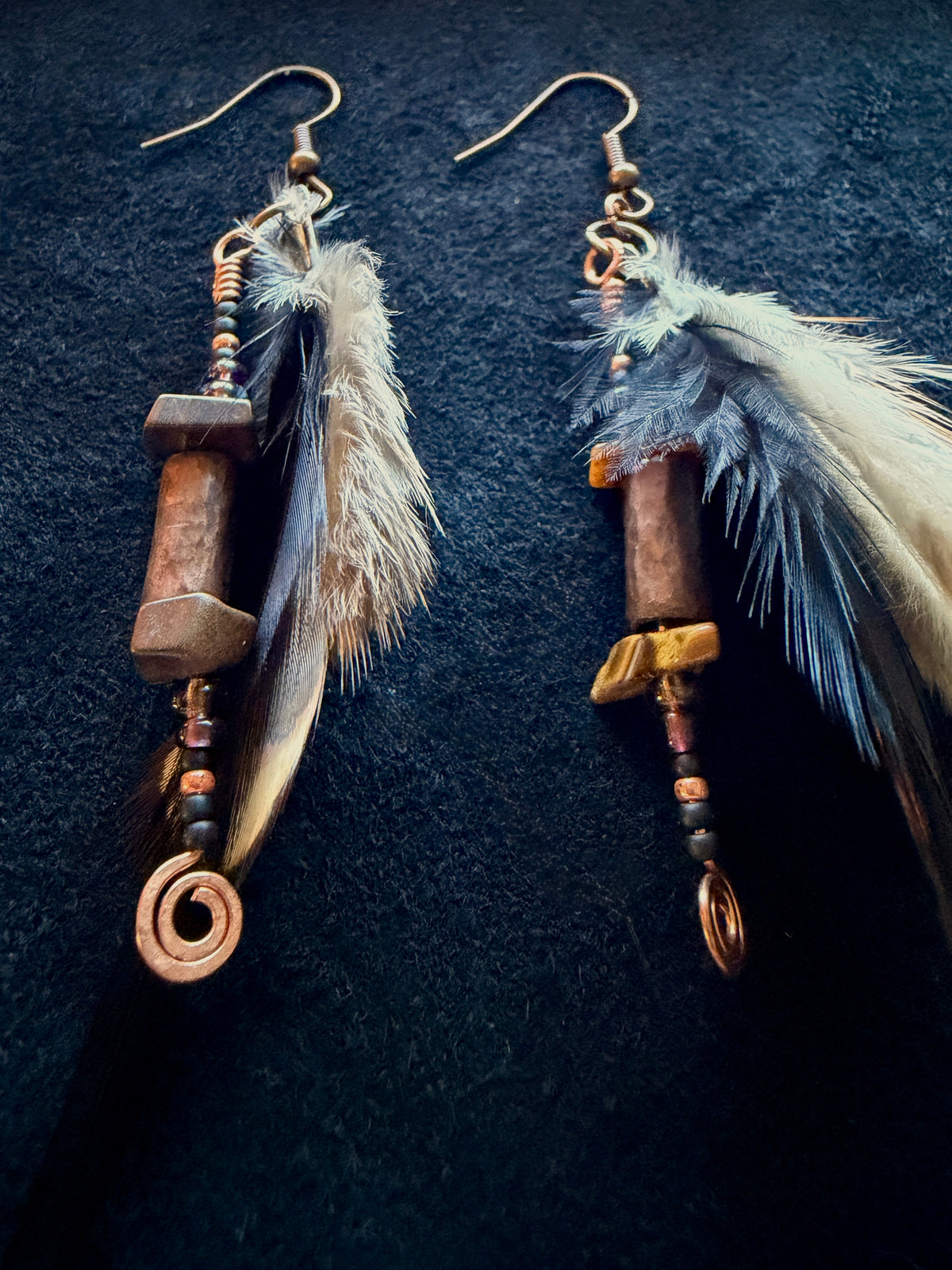 Tiger's Eye & Black Feather Dangle Earrings | Hammered Copper