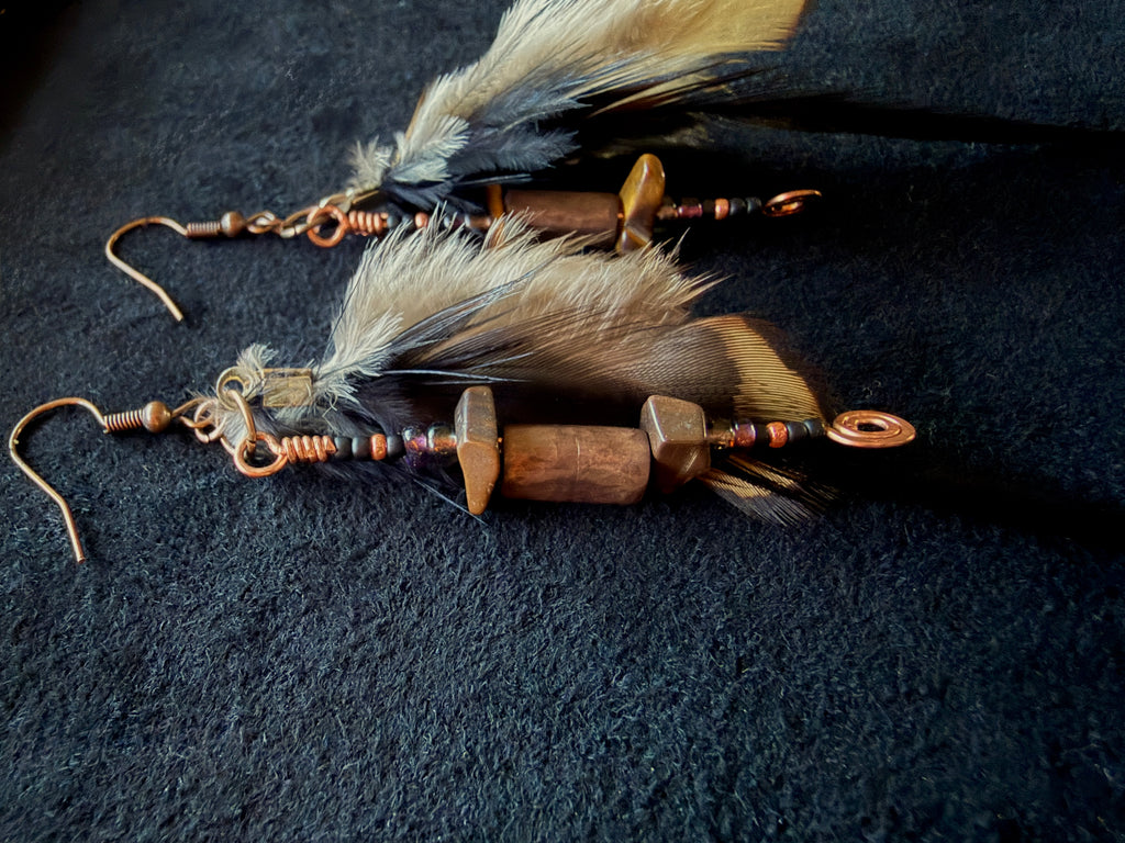 Tiger's Eye & Black Feather Dangle Earrings | Hammered Copper