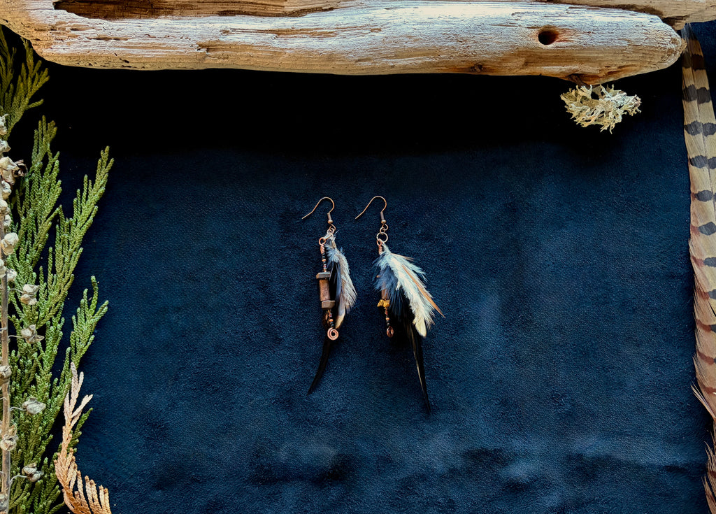 Tiger's Eye & Black Feather Dangle Earrings | Hammered Copper