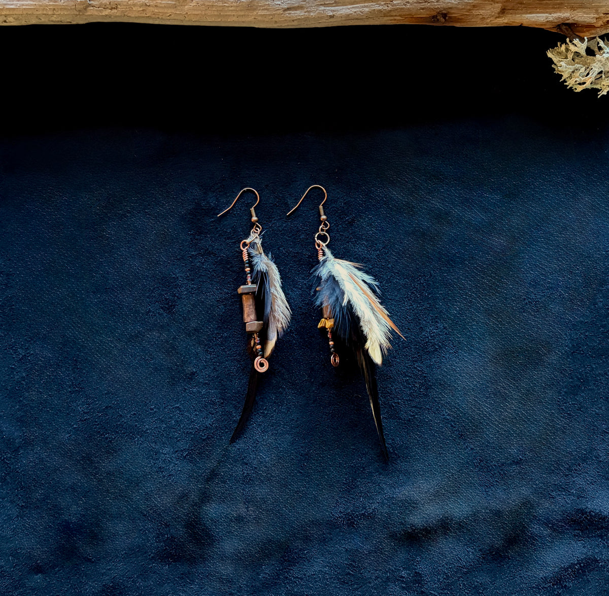 Tiger's Eye & Black Feather Dangle Earrings | Hammered Copper