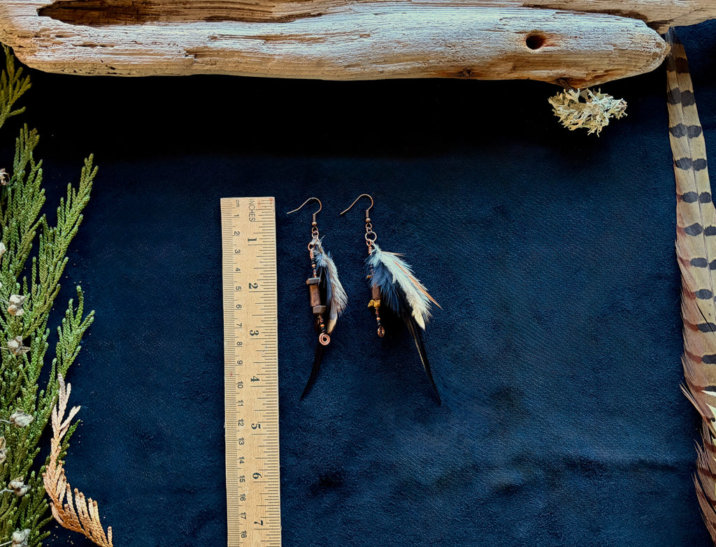 Tiger's Eye & Black Feather Dangle Earrings | Hammered Copper