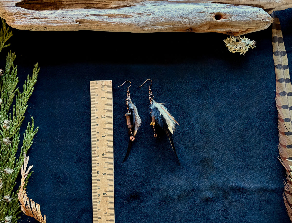 Tiger's Eye & Black Feather Dangle Earrings | Hammered Copper