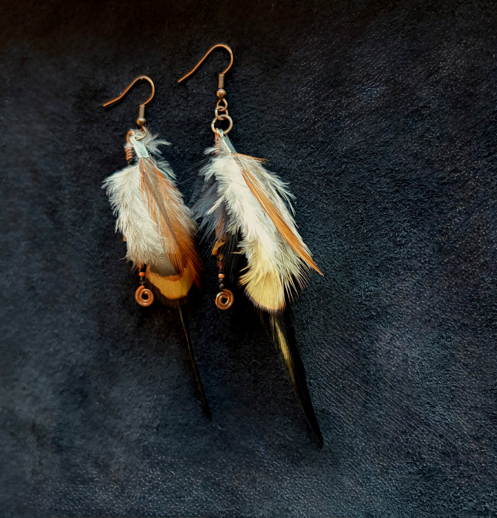 Tiger's Eye & Black Feather Dangle Earrings | Hammered Copper