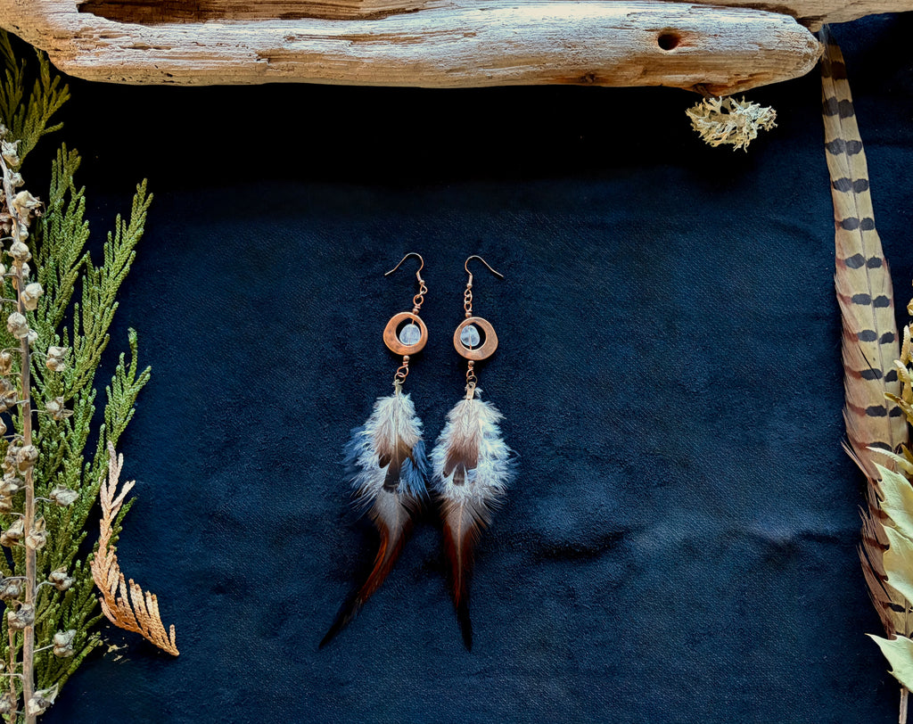 Aquamarine & Quail Feather Dangle Earrings | Hammered Copper