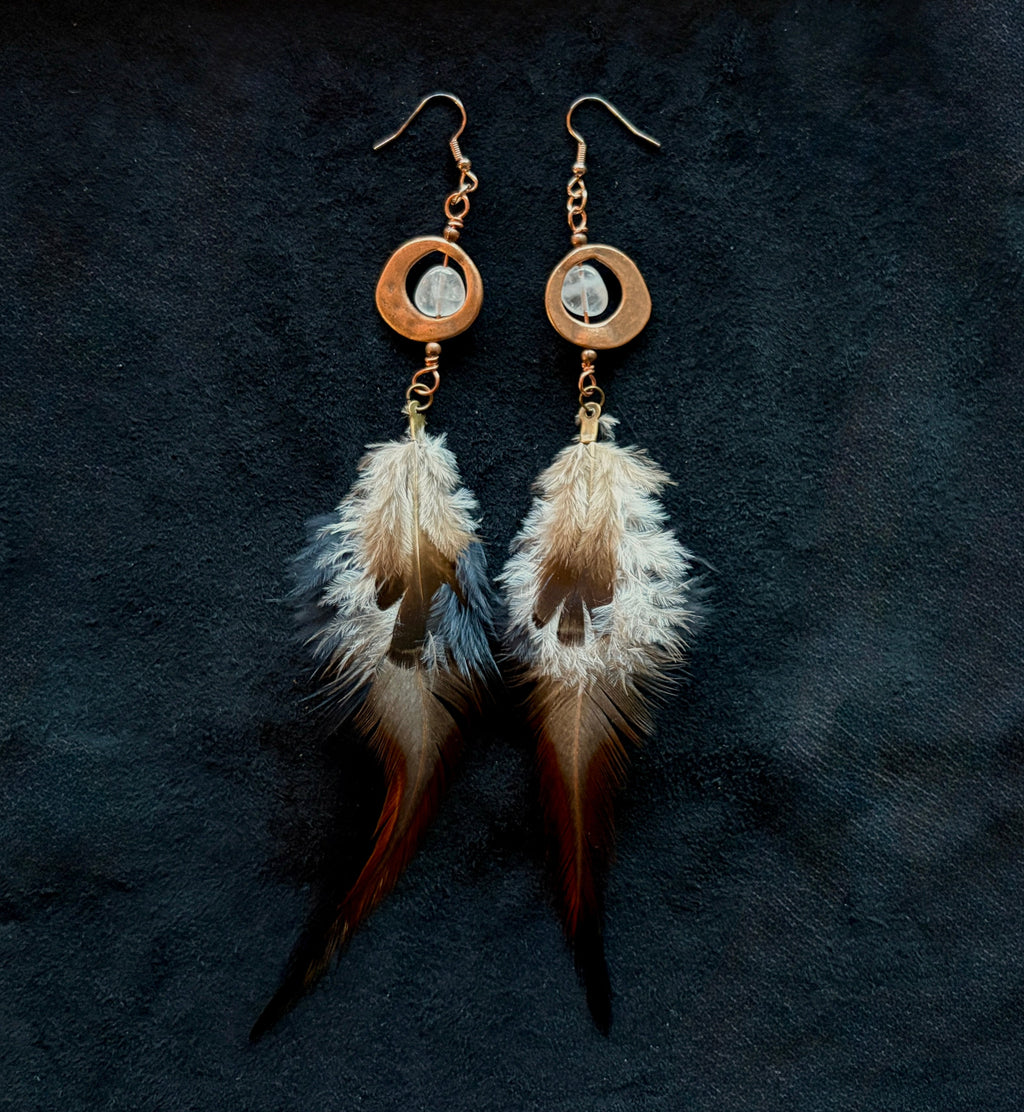 Aquamarine & Quail Feather Dangle Earrings | Hammered Copper