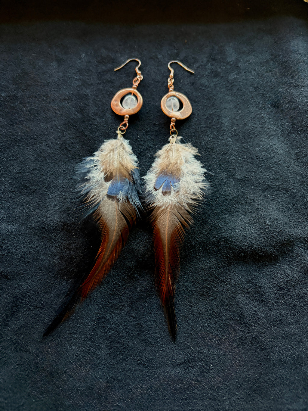 Aquamarine & Quail Feather Dangle Earrings | Hammered Copper