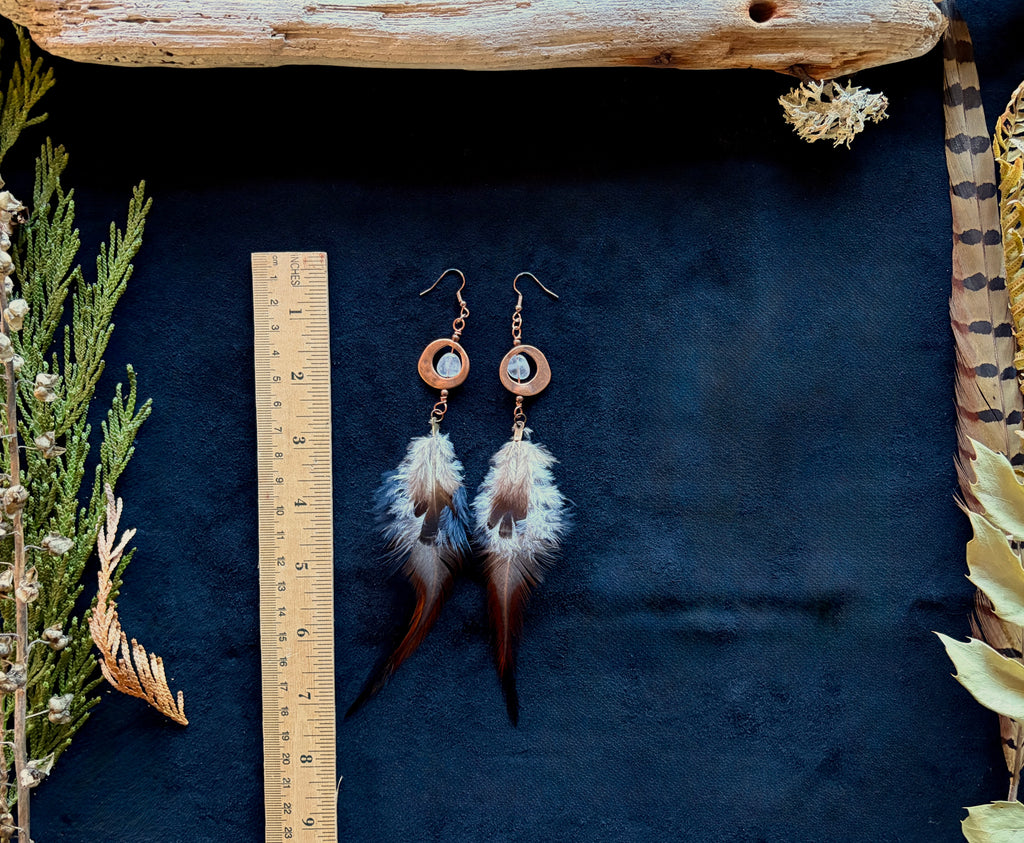 Aquamarine & Quail Feather Dangle Earrings | Hammered Copper