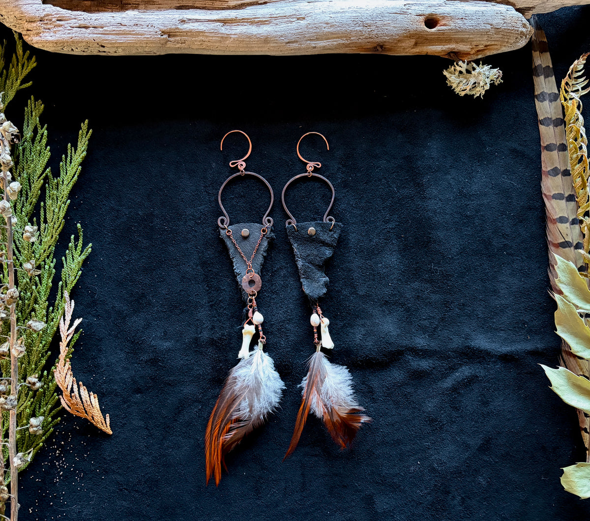 Leather, Feather & Copper Shoulder Duster Earrings — Handmade Boho