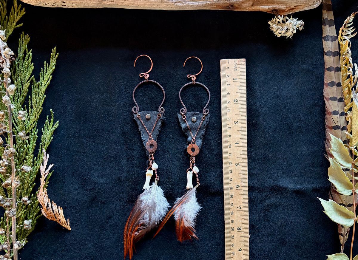 Leather, Feather & Copper Shoulder Duster Earrings — Handmade Boho