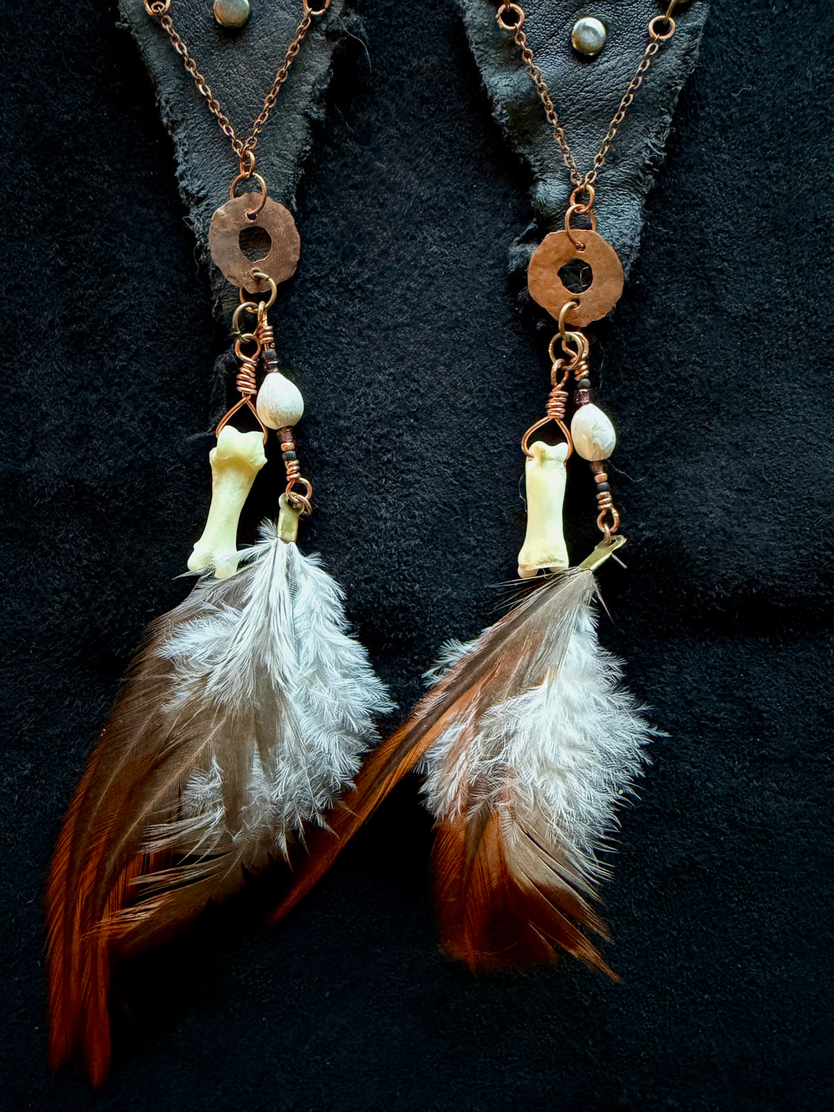 Leather, Feather & Copper Shoulder Duster Earrings — Handmade Boho