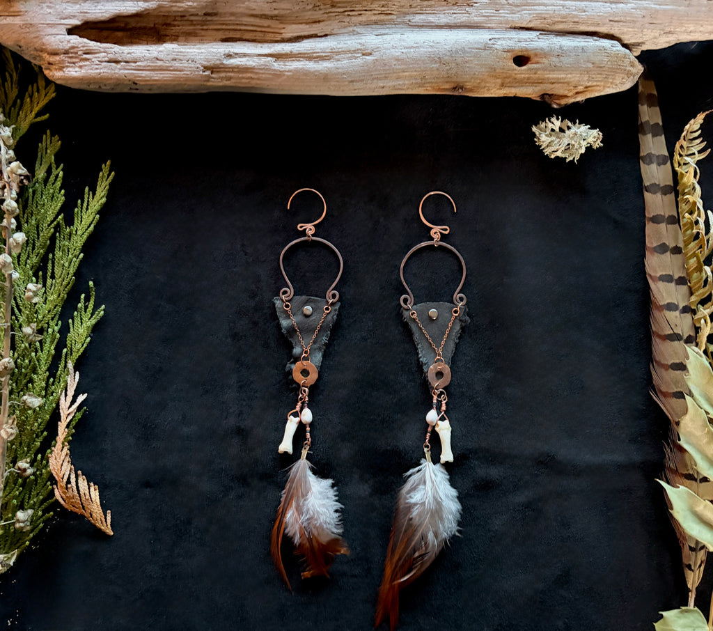 Leather, Feather & Copper Shoulder Duster Earrings — Handmade Boho
