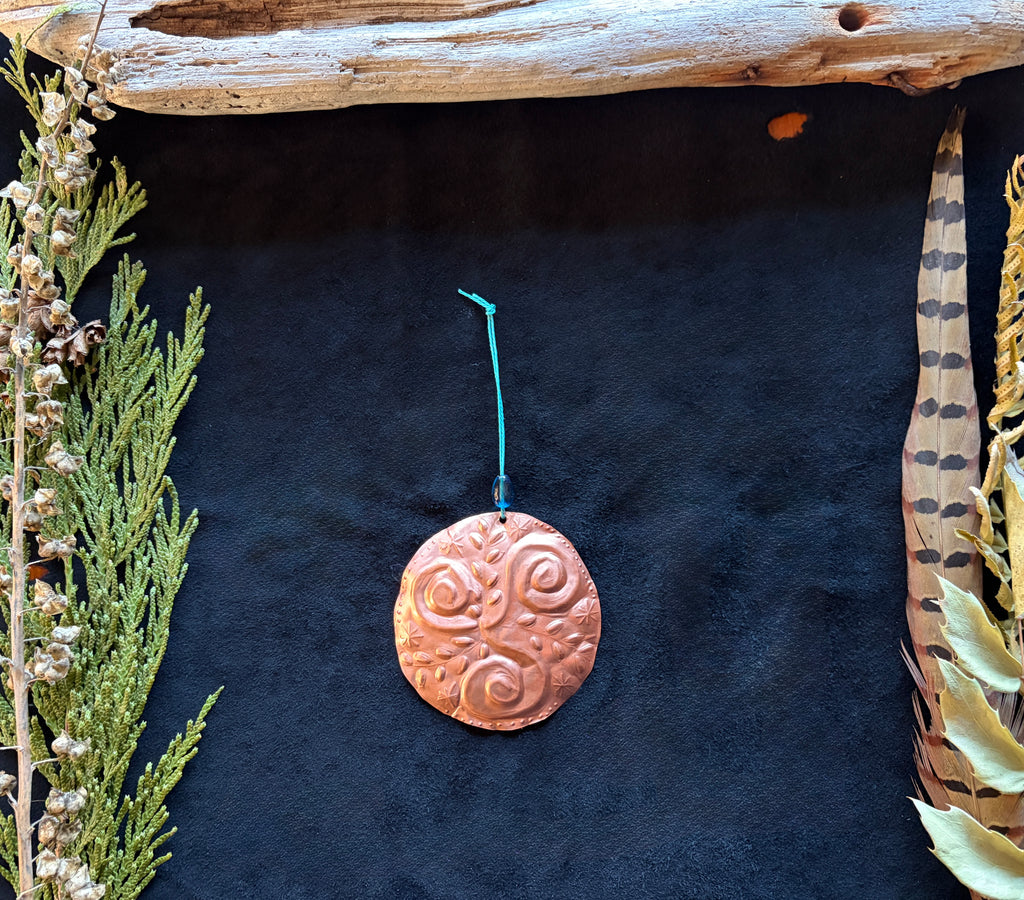Botanical Triskele Christmas Ornament | Hand Embossed Copper Folk Art Decor