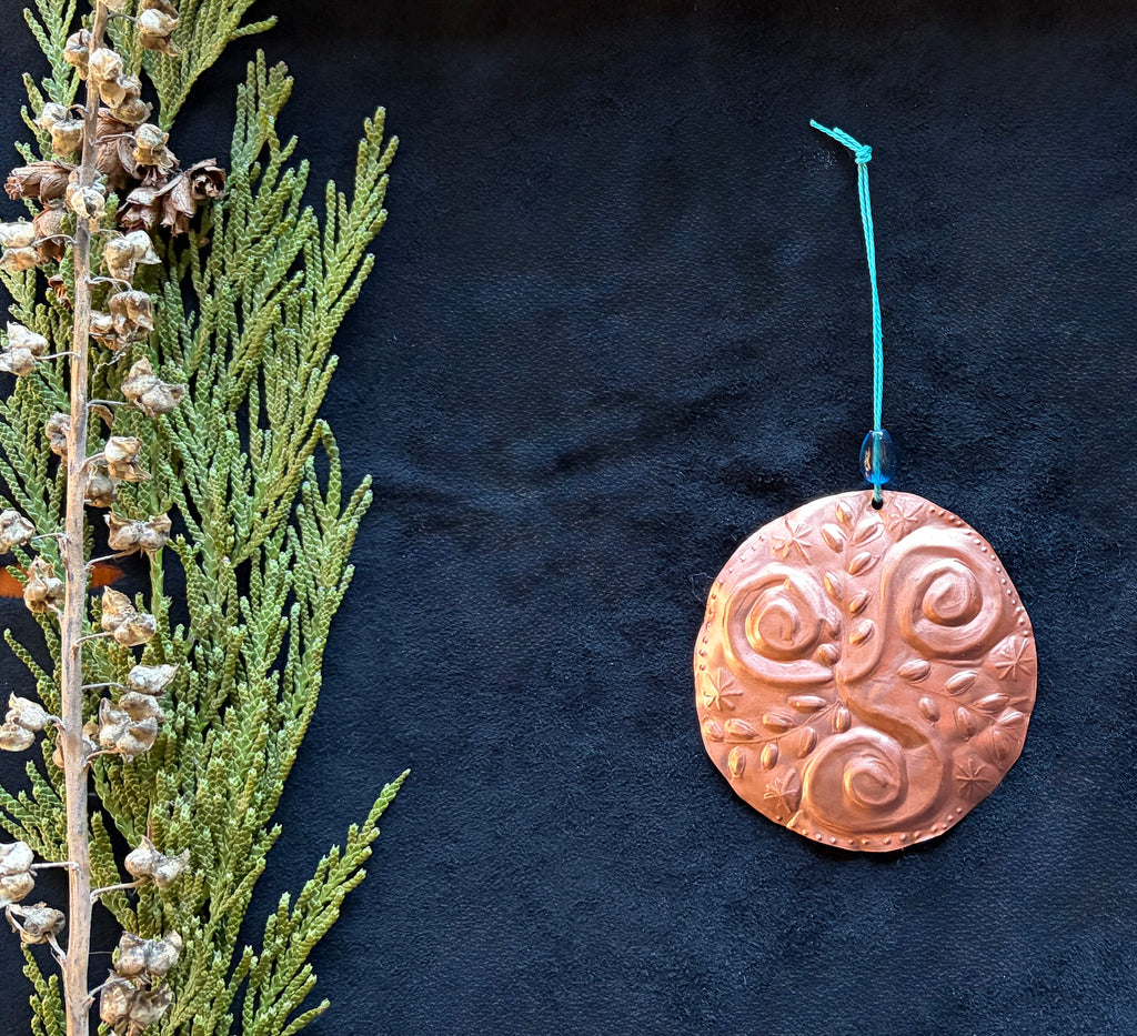Botanical Triskele Christmas Ornament | Hand Embossed Copper Folk Art Decor