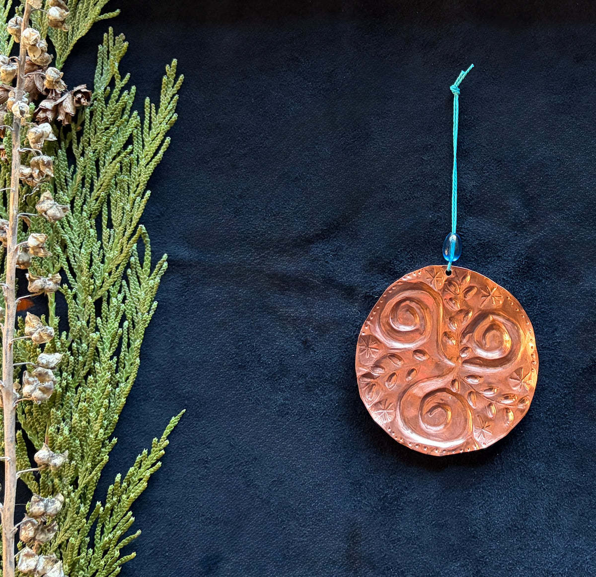 Botanical Triskele Christmas Ornament | Hand Embossed Copper Folk Art Decor