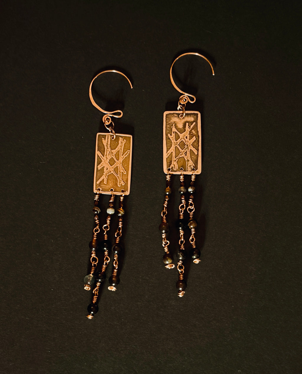Witch's Mark Etched Copper & Agate Earrings | Long Dangle Earrings