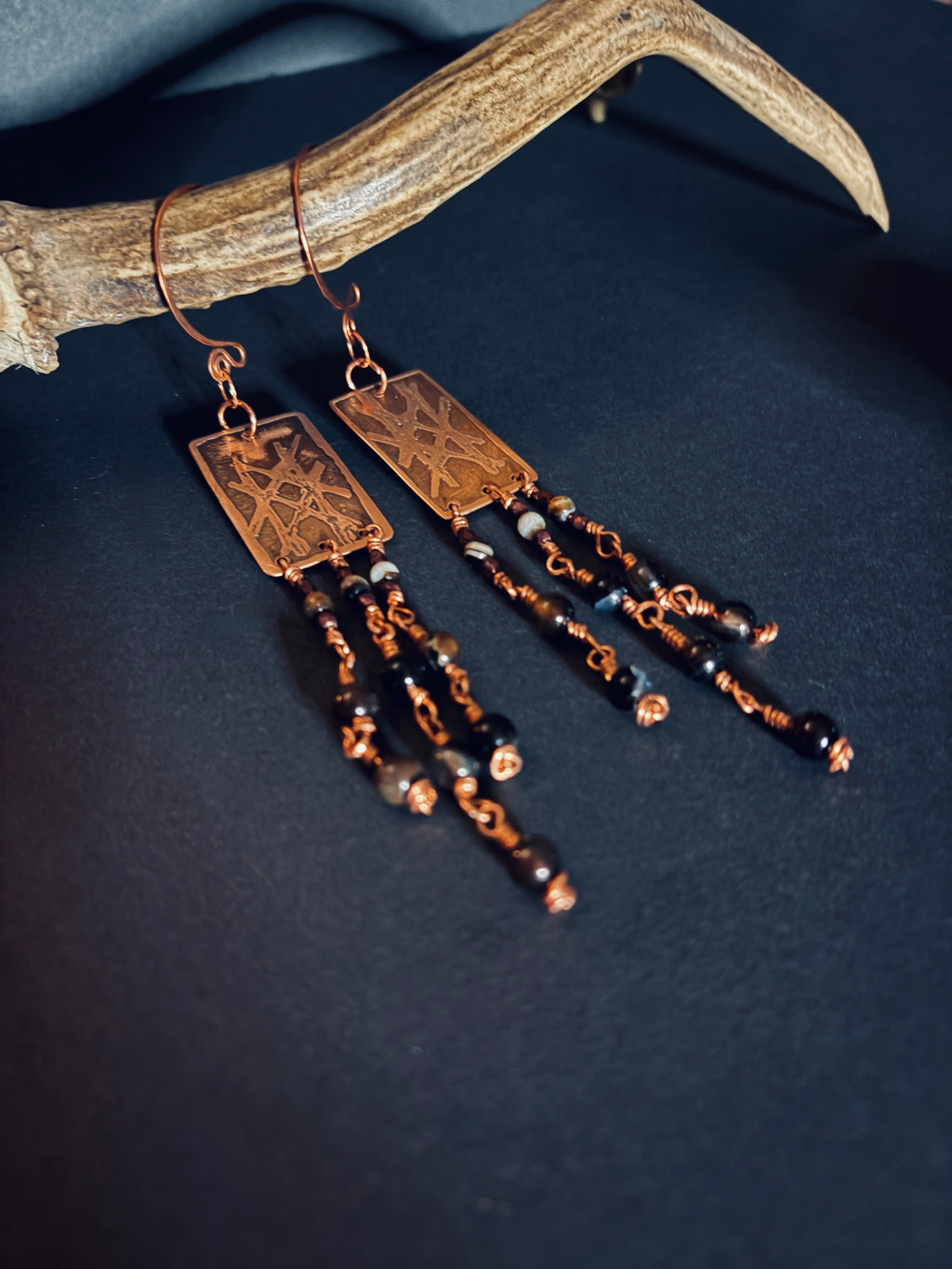 Witch's Mark Etched Copper & Agate Earrings | Long Dangle Earrings