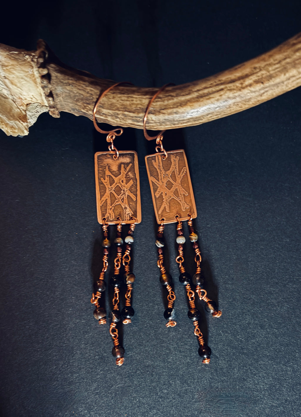 Witch's Mark Etched Copper & Agate Earrings | Long Dangle Earrings