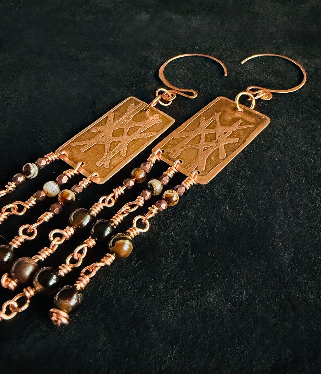 Witch's Mark Etched Copper & Agate Earrings | Long Dangle Earrings