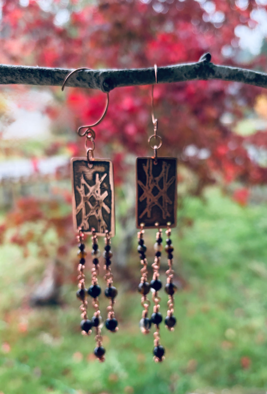 Witch's Mark Etched Copper & Agate Earrings | Long Dangle Earrings