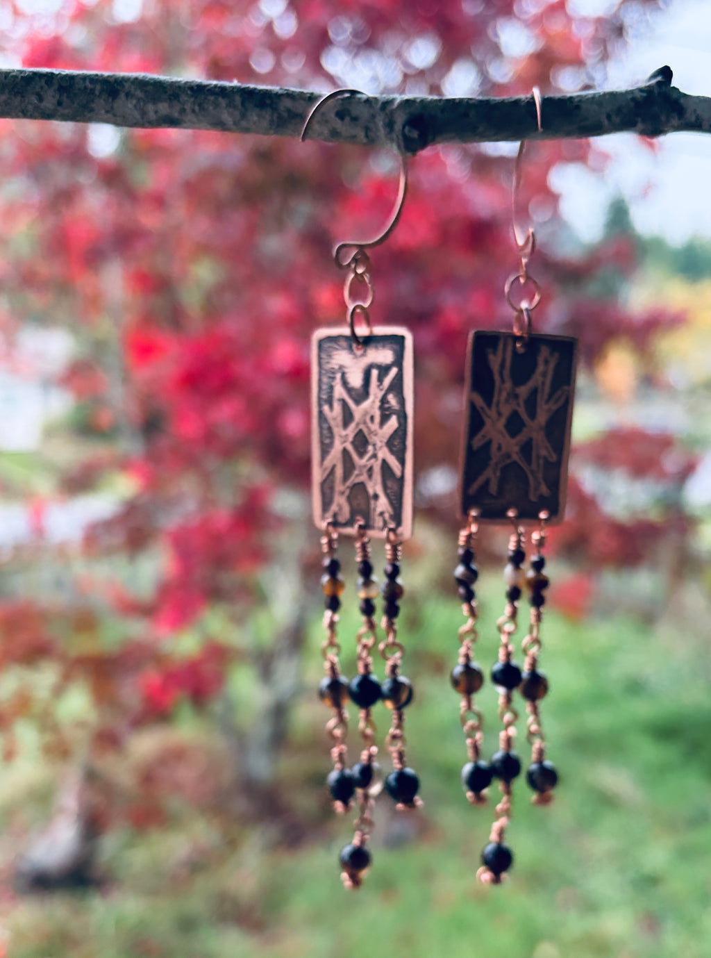 Witch's Mark Etched Copper & Agate Earrings | Long Dangle Earrings