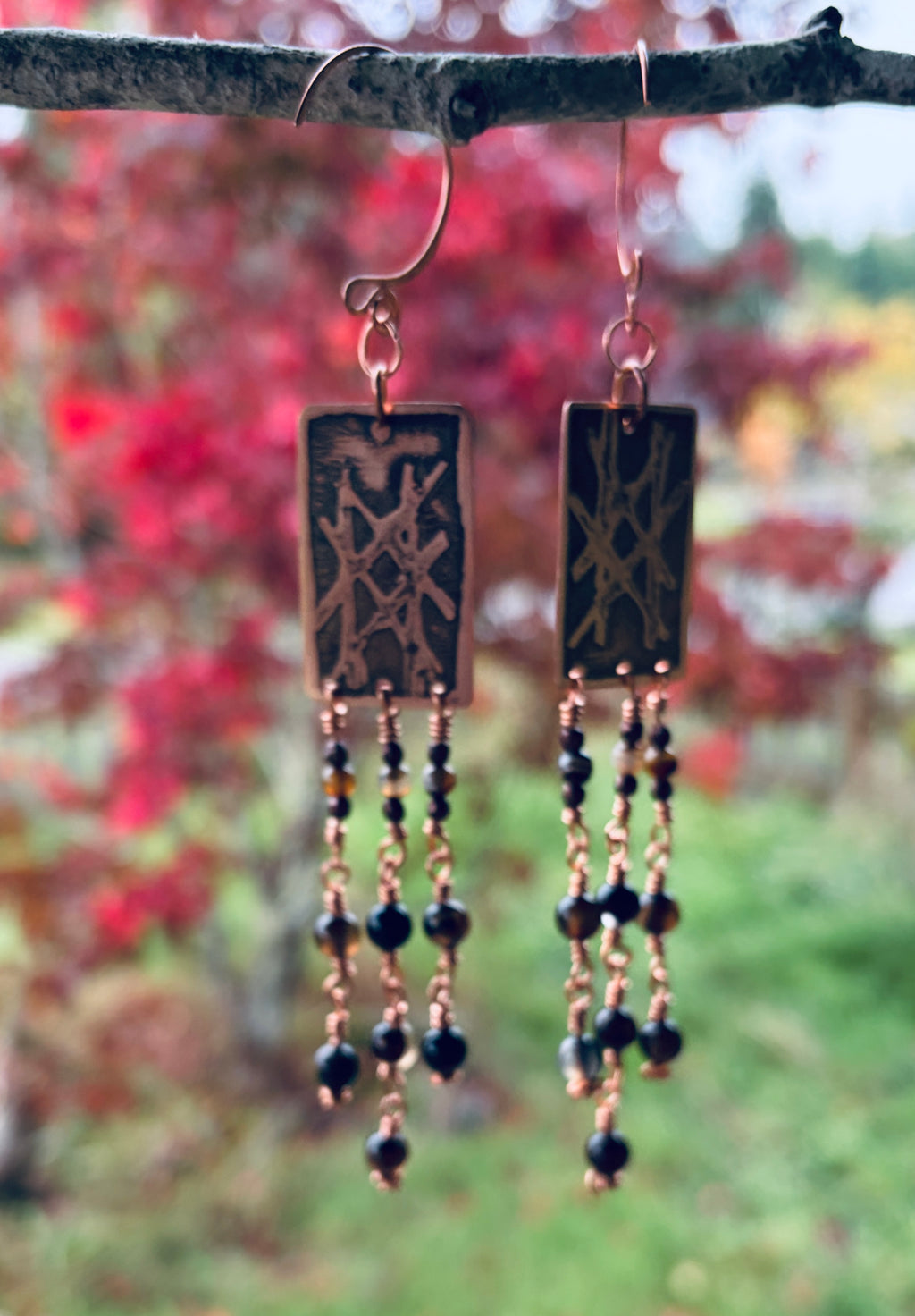 Witch's Mark Etched Copper & Agate Earrings | Long Dangle Earrings
