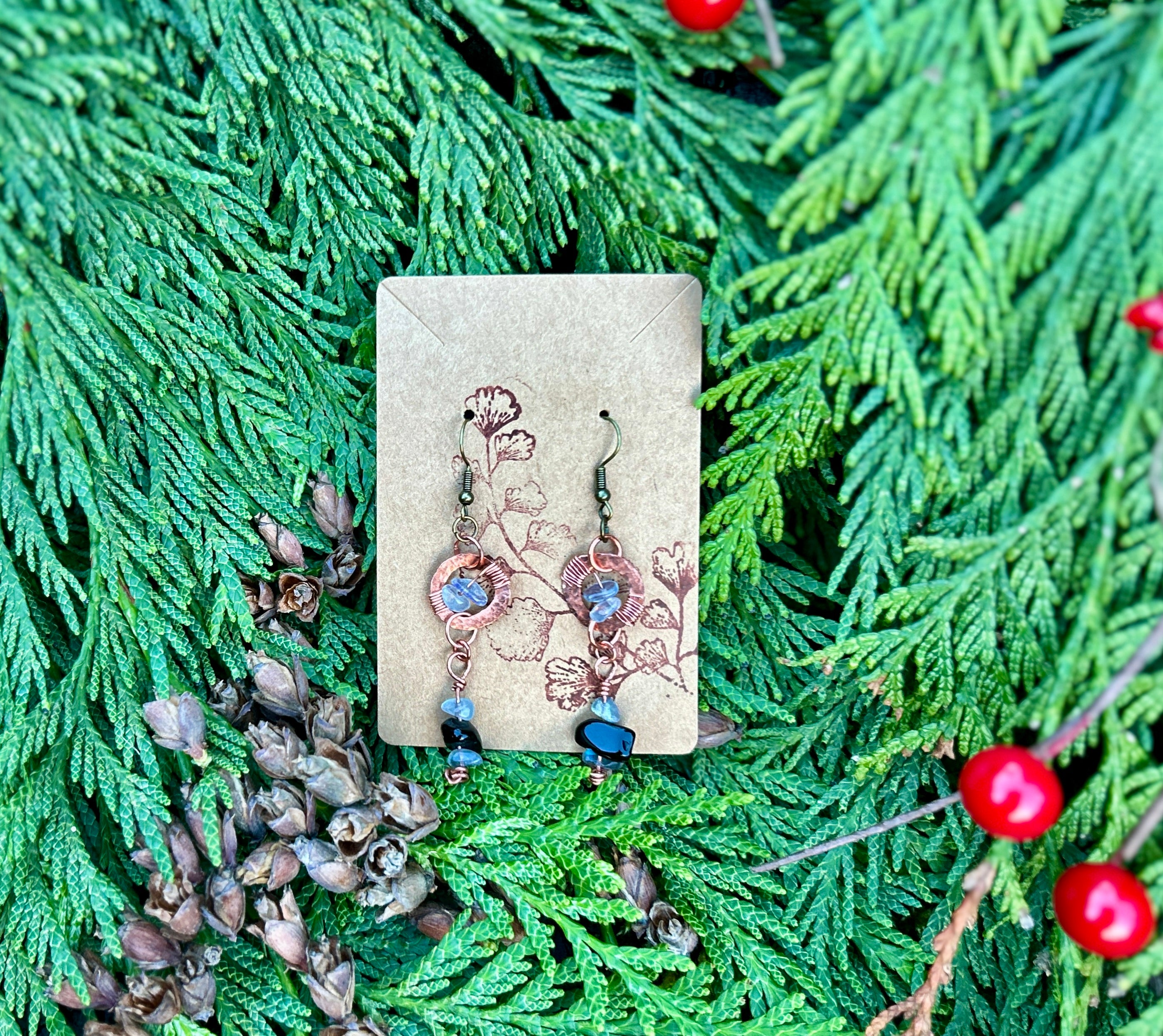 Hammered Copper Ring Earrings with Obsidian and Labradorite Drops