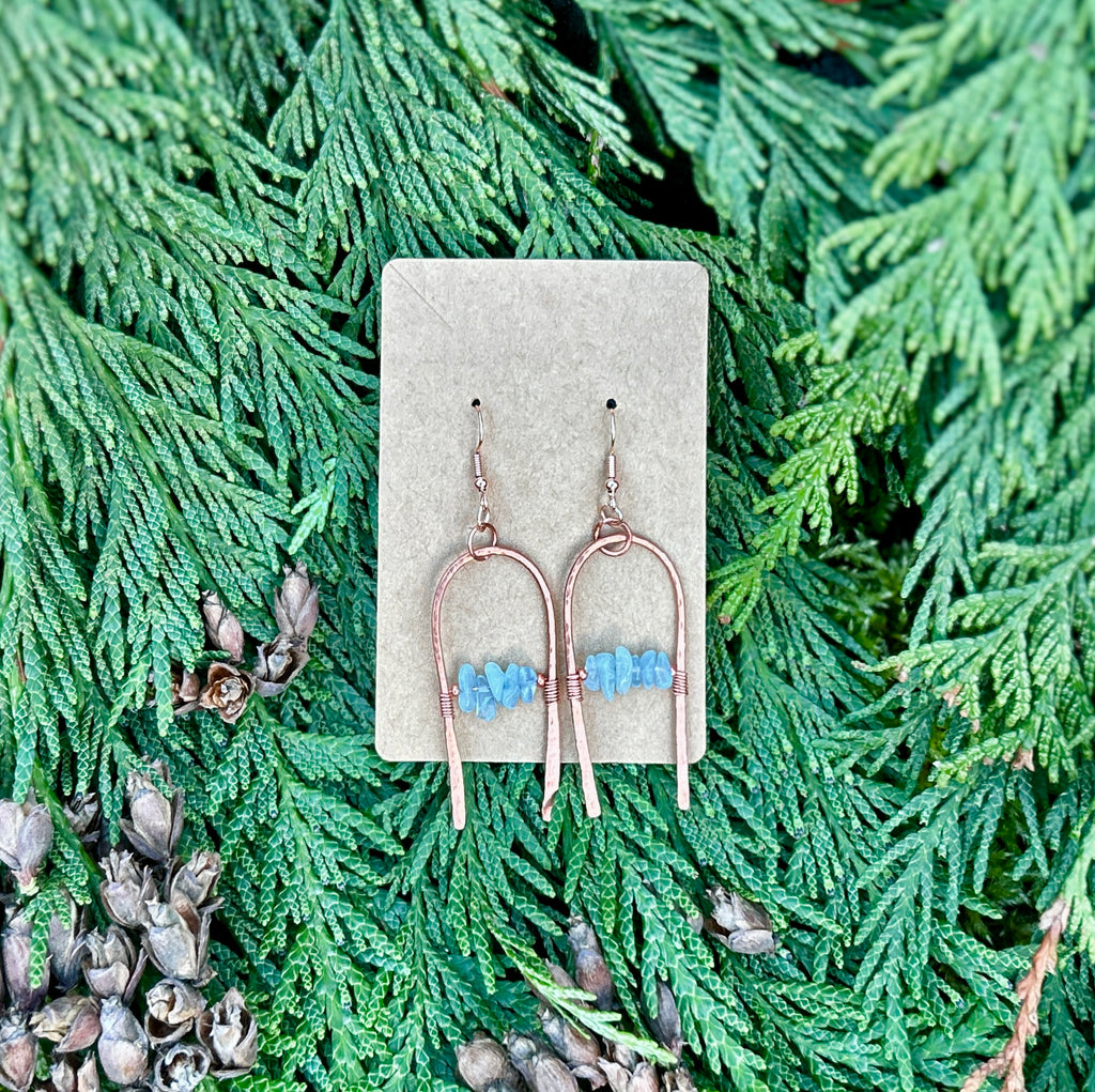 Wide Hammered Copper Arch Earrings with Aquamarine