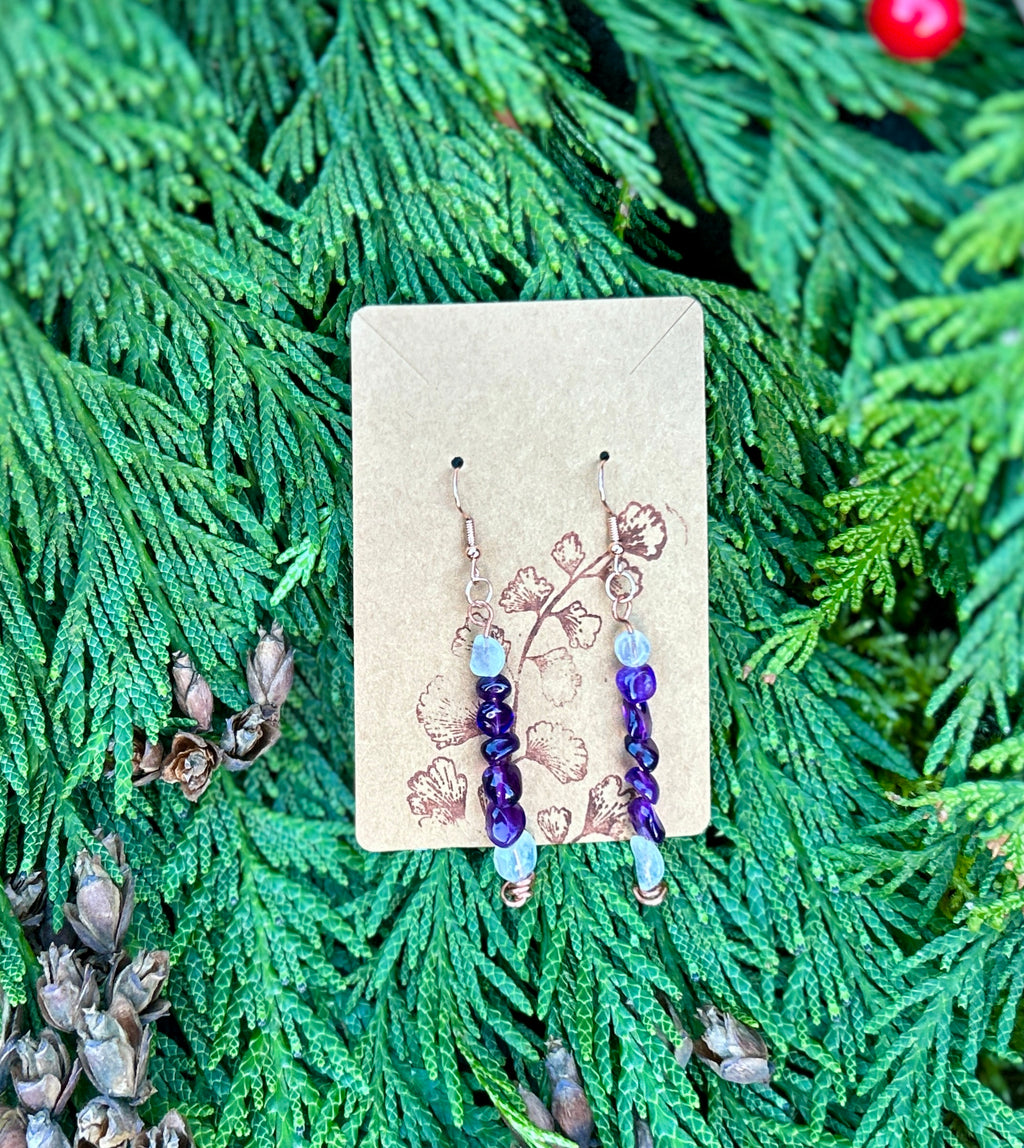 Copper and Amethyst Dangle Earrings with Rainbow Moonstone Accents