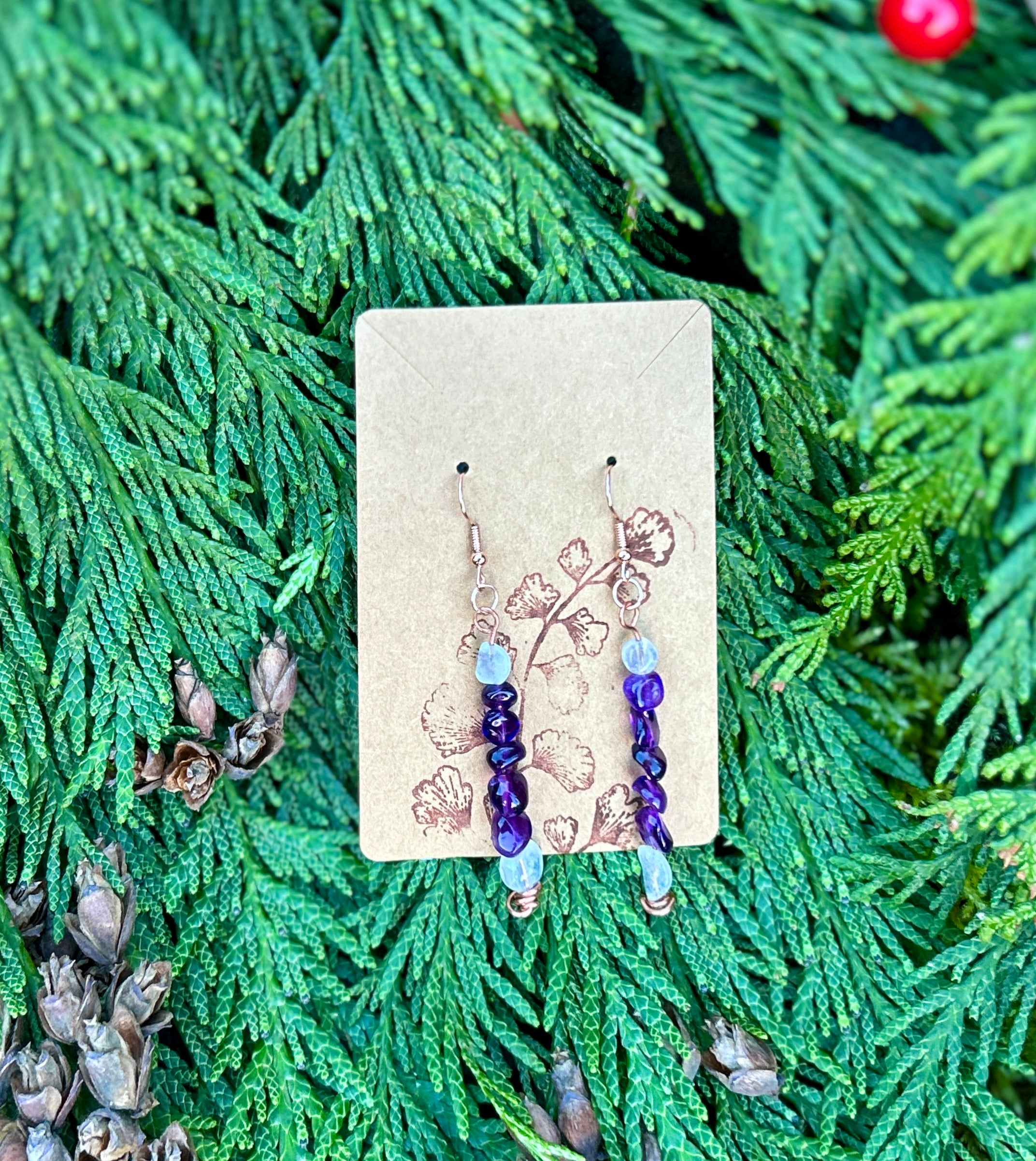 Copper Dangle Earrings Amethyst with Moonstone Accents