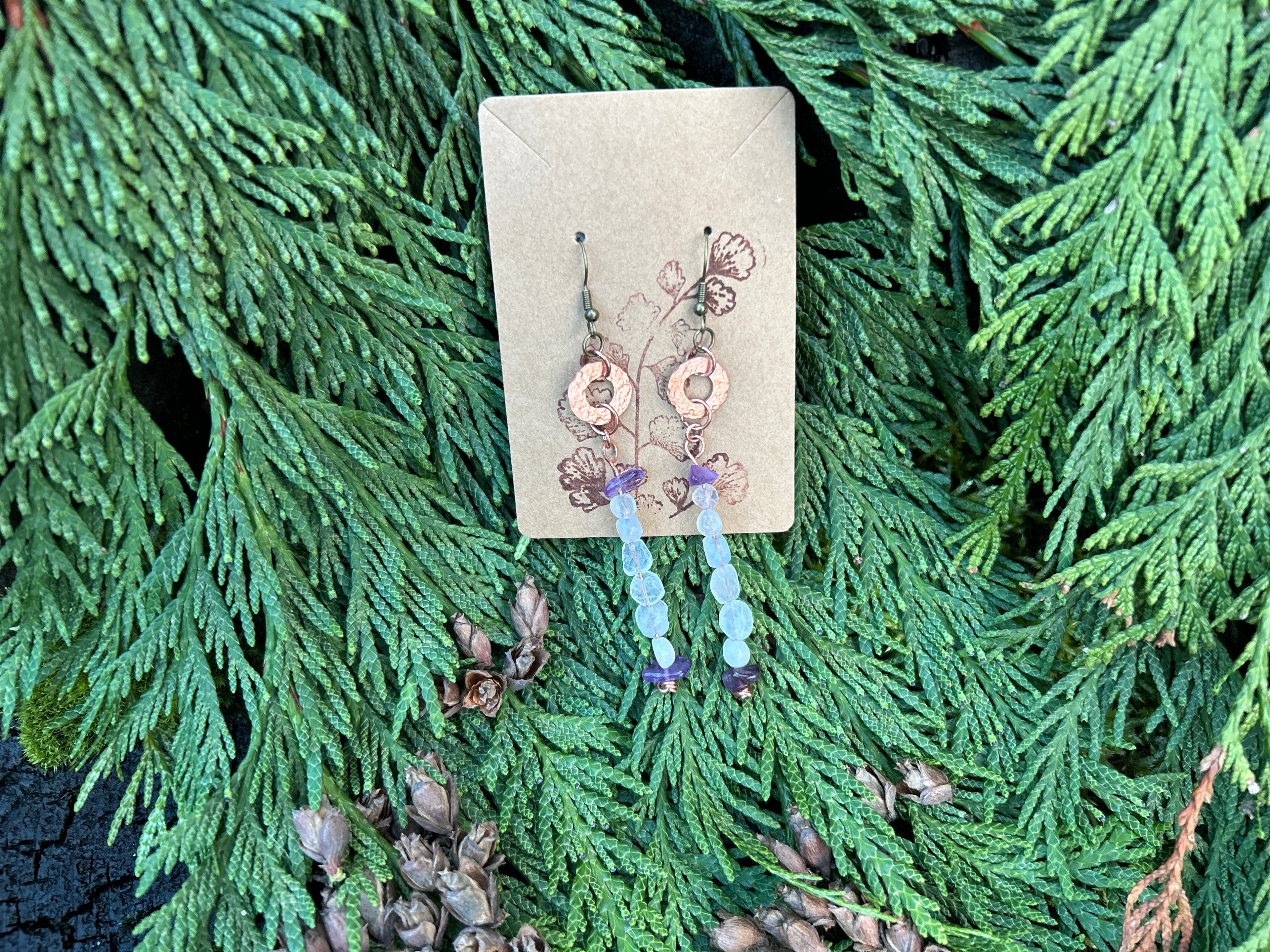 Moonstone with Amethyst Accent on Hammered Copper Ring