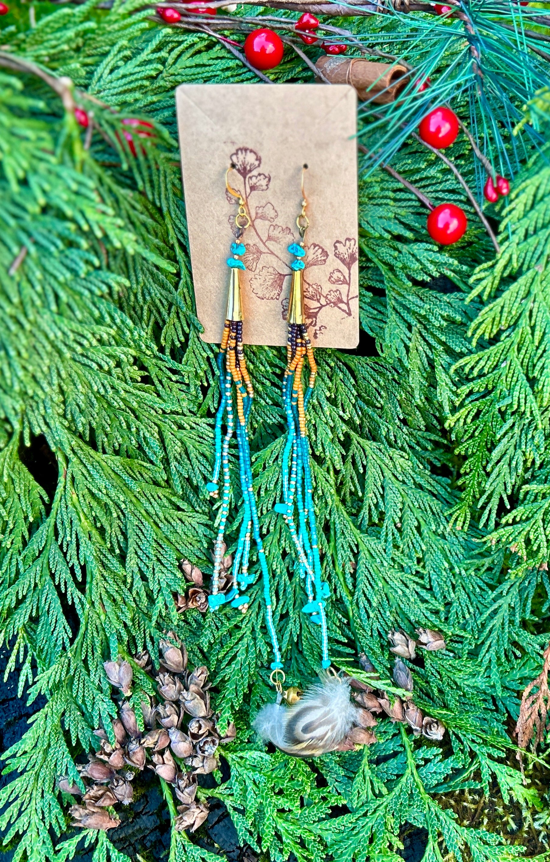 Ex-lg turq & gold fringe dangles with feathers