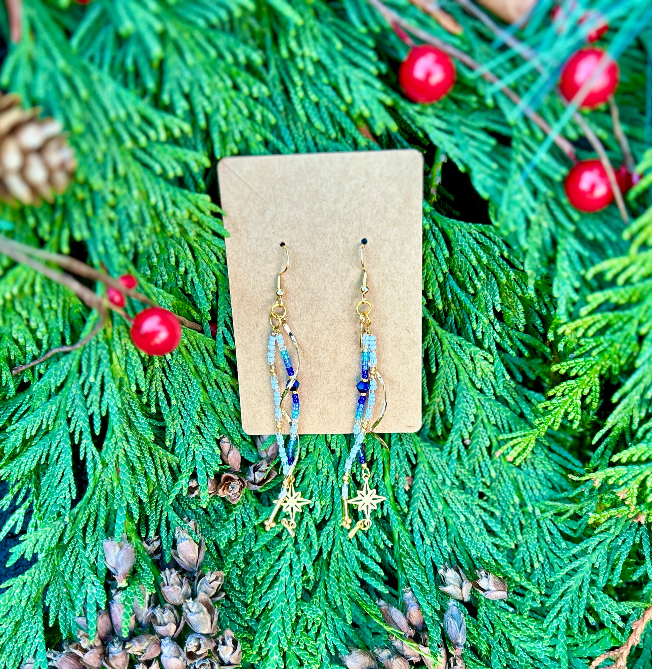 Handmade White, Blue & Gold Beadwork & Gold Dangle Earrings