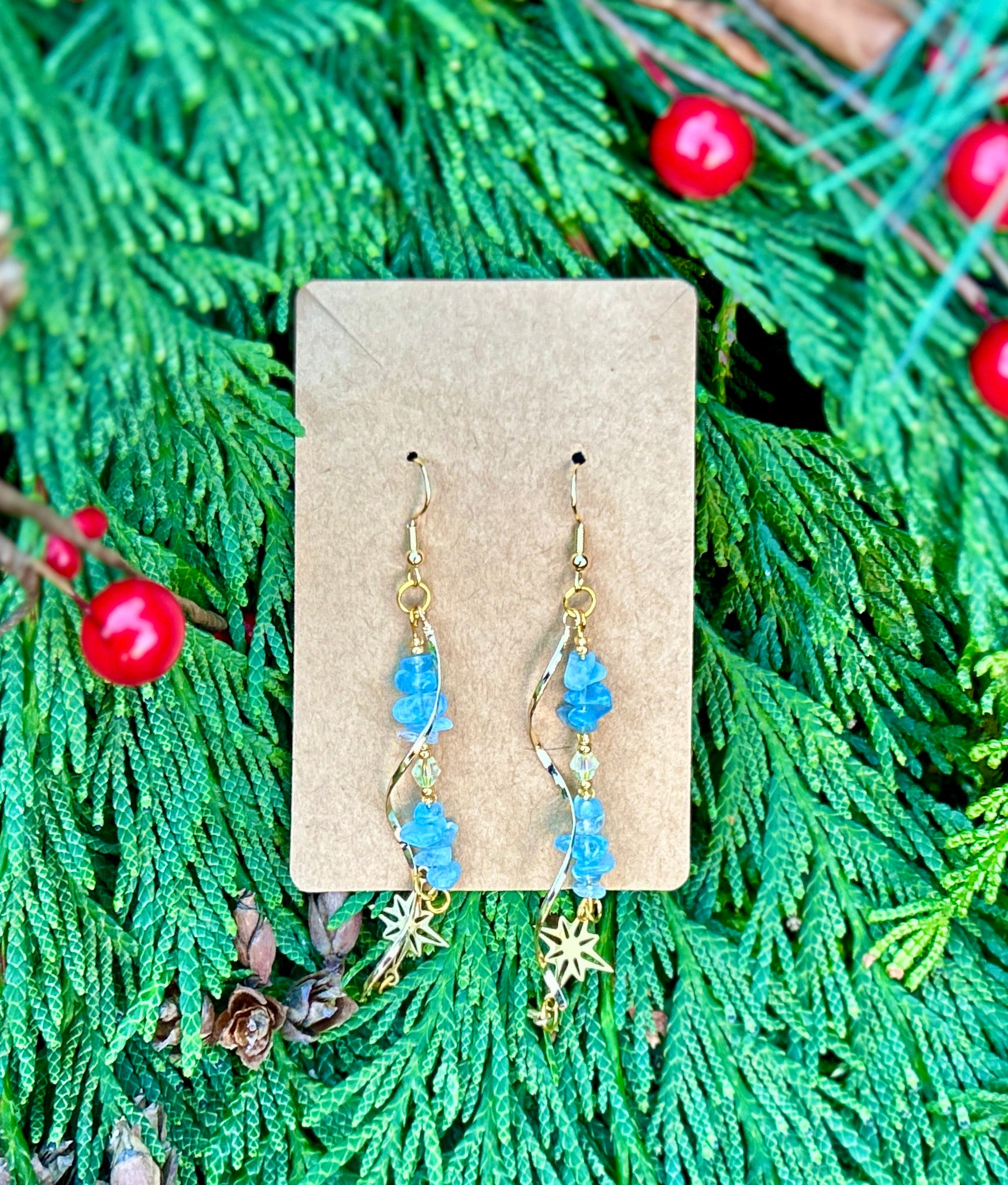 Gold & Aquamarine Spiral Dangle Earrings