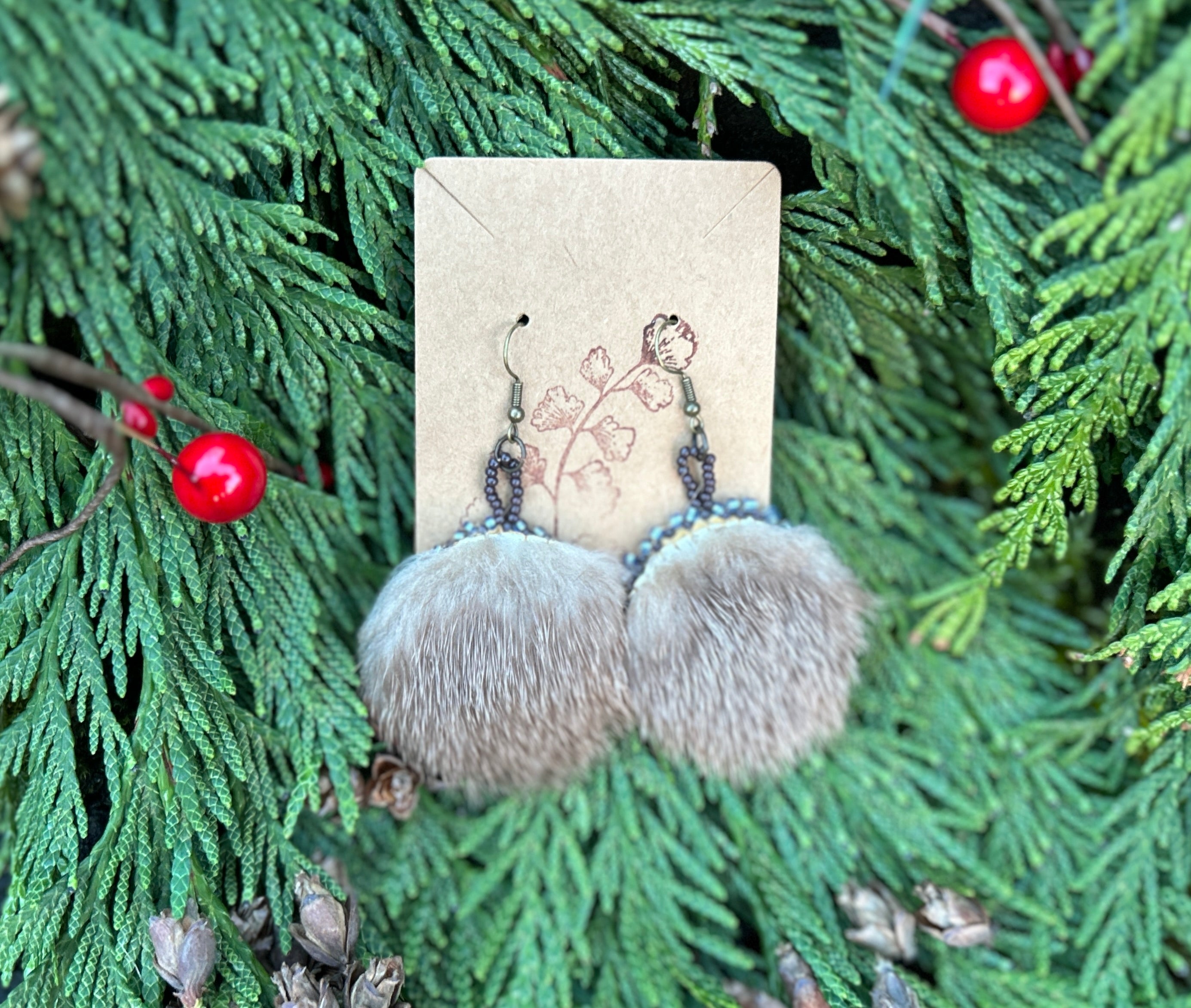Round Beaded Otter Fur Earrings