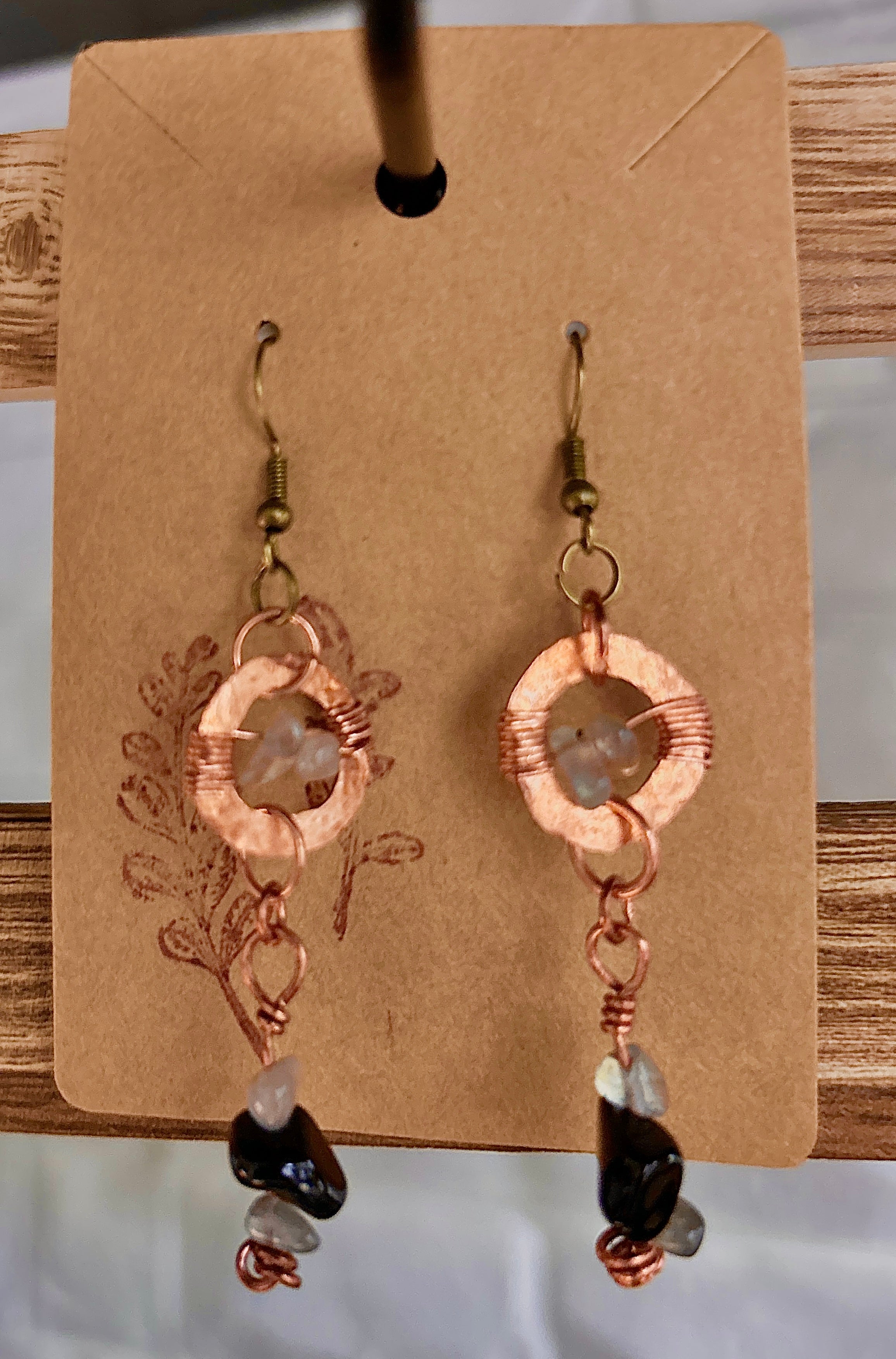 Hammered Copper Ring Earrings with Obsidian and Labradorite Drops