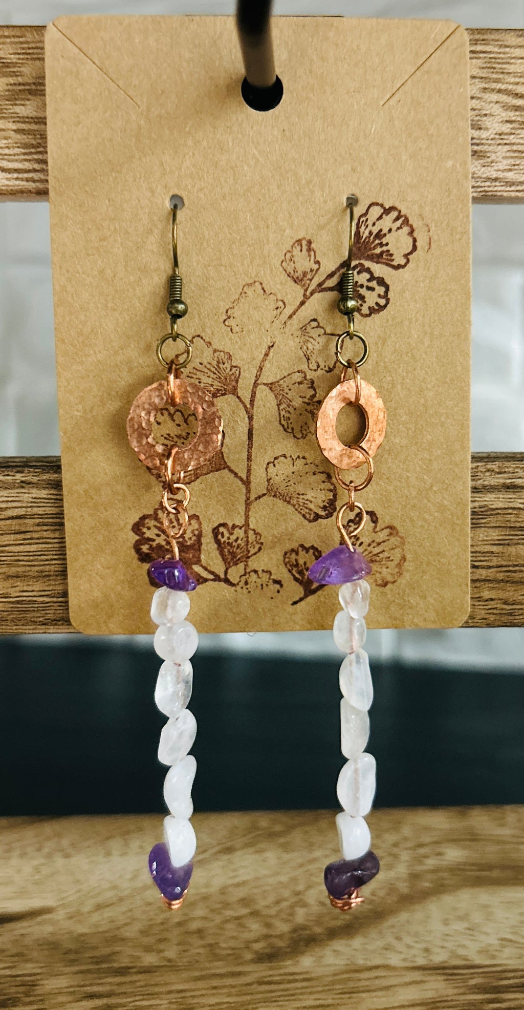 Moonstone & Amethyst Hammered Copper Ring Earrings