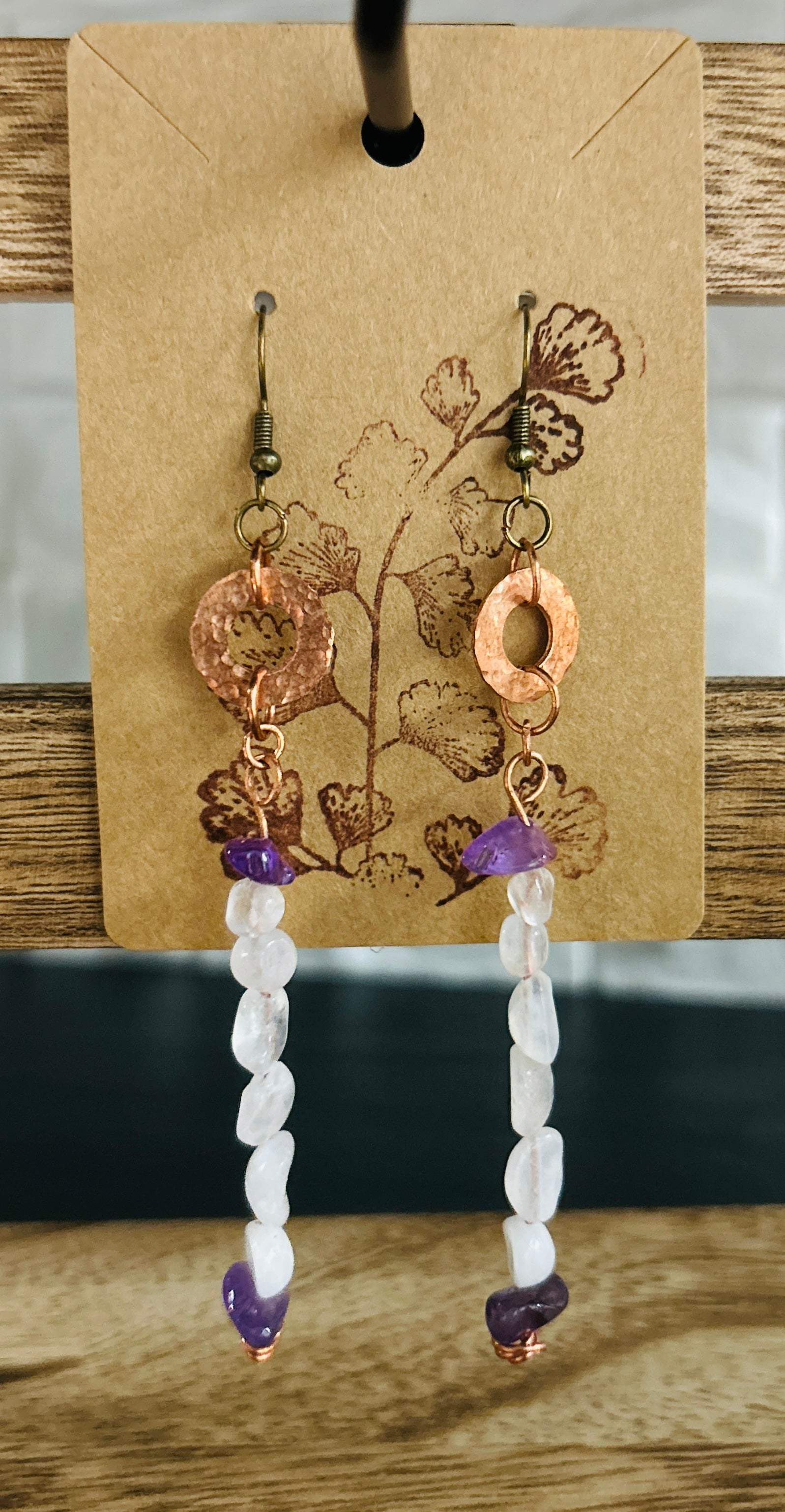 Moonstone with Amethyst Accent on Hammered Copper Ring