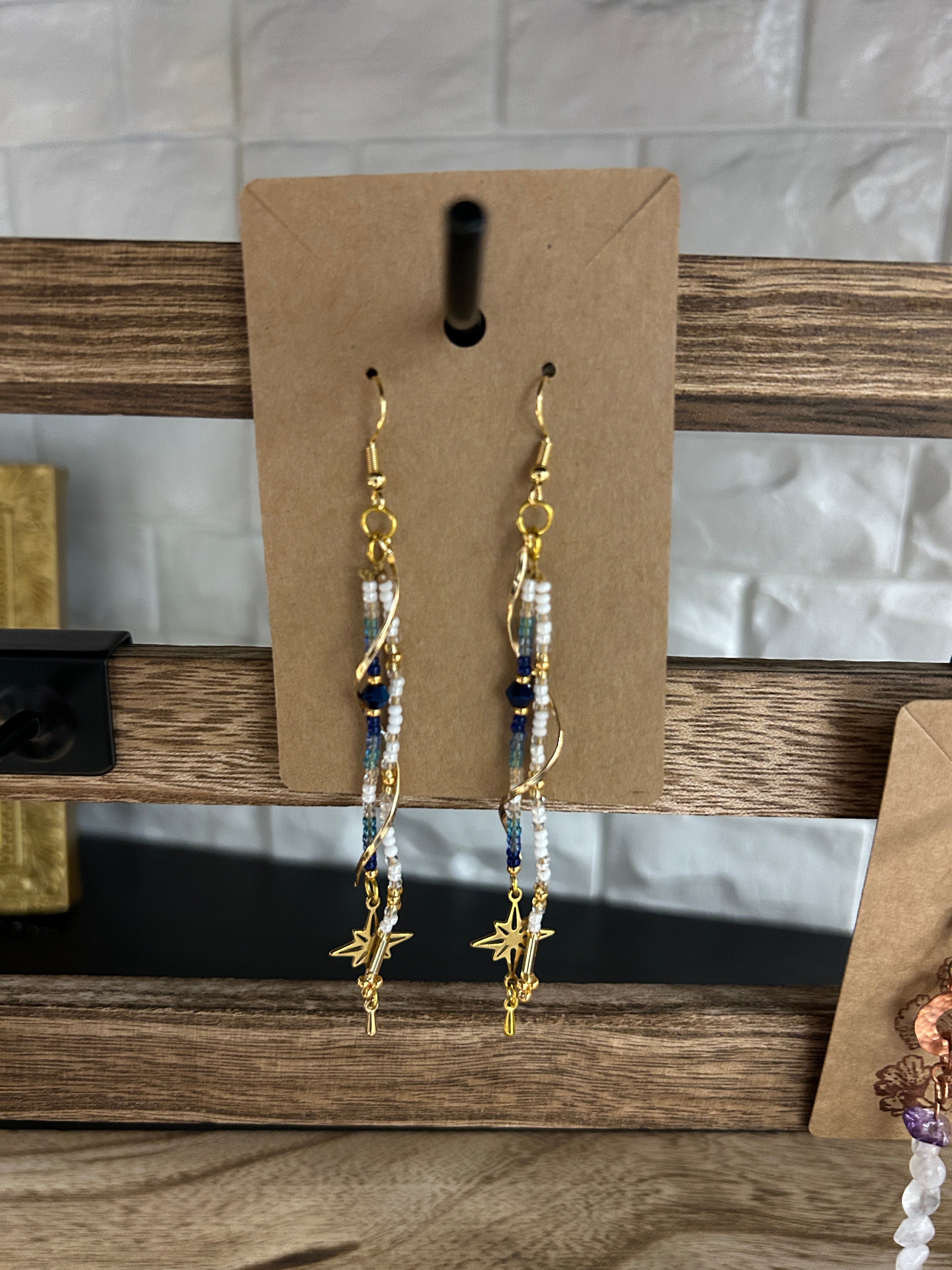 Handmade White, Blue & Gold Beadwork & Gold Dangle Earrings