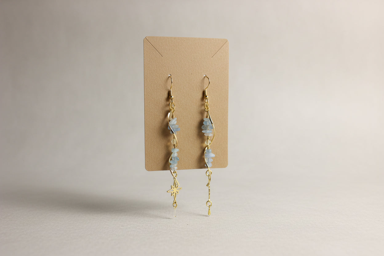 Aquamarine Dangle Earrings with Gold Spirals on a brown display card