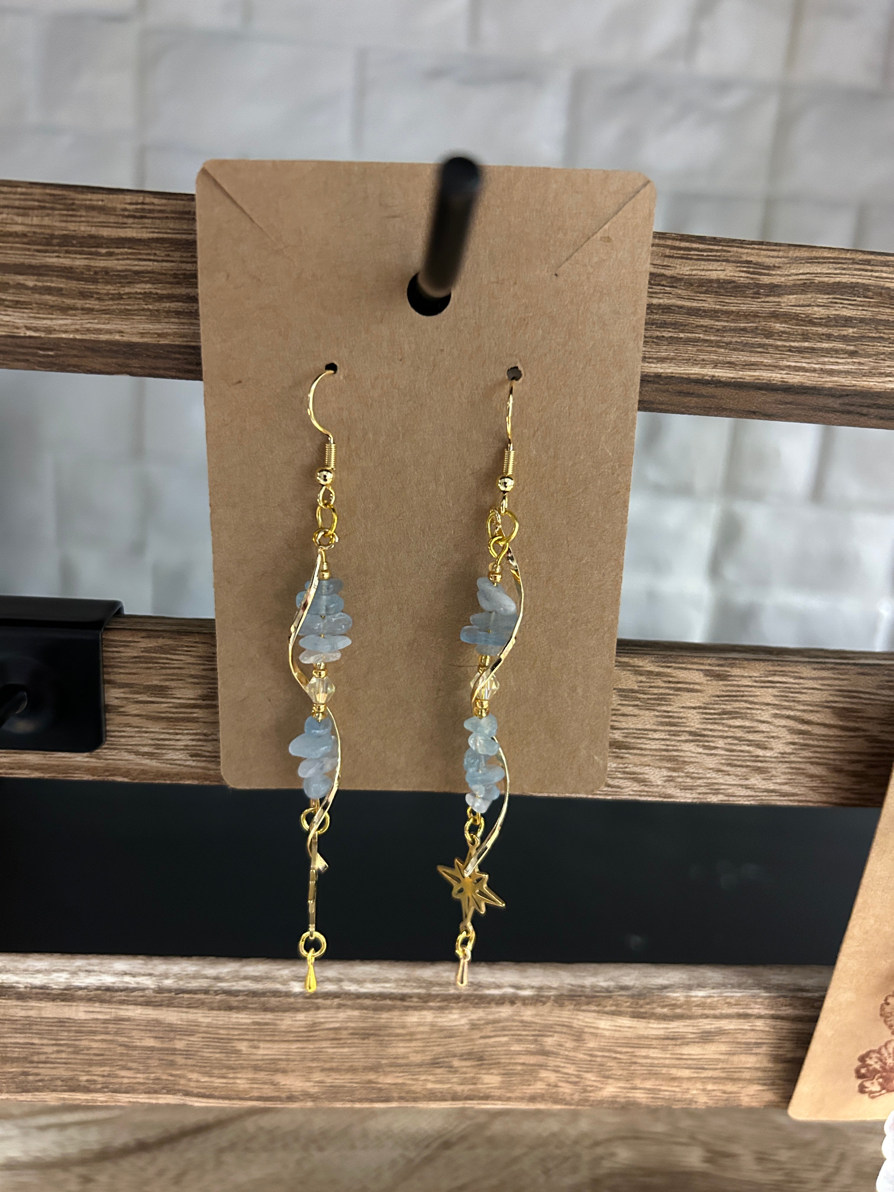 Gold & Aquamarine Spiral Dangle Earrings