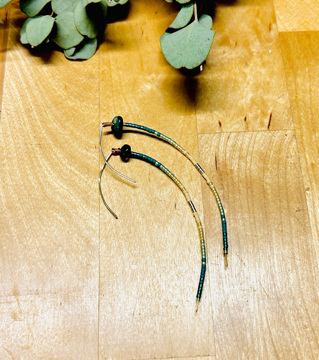 Copper Wire Marquise Earrings with Moss Agate Beadwork — Handmade