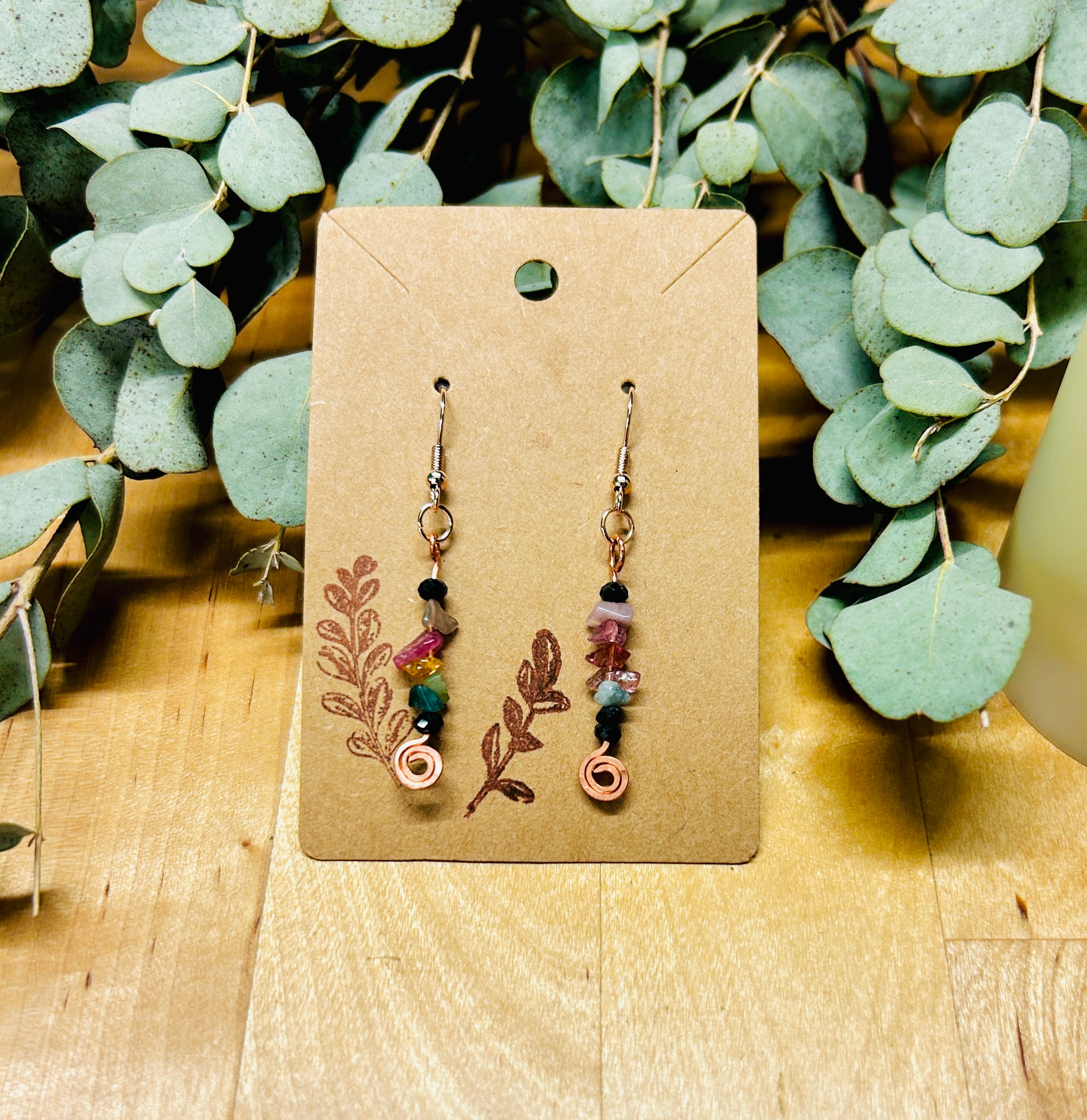 Medium Hammered Copper Coil Pin Drops with Tourmaline & Black Spinel