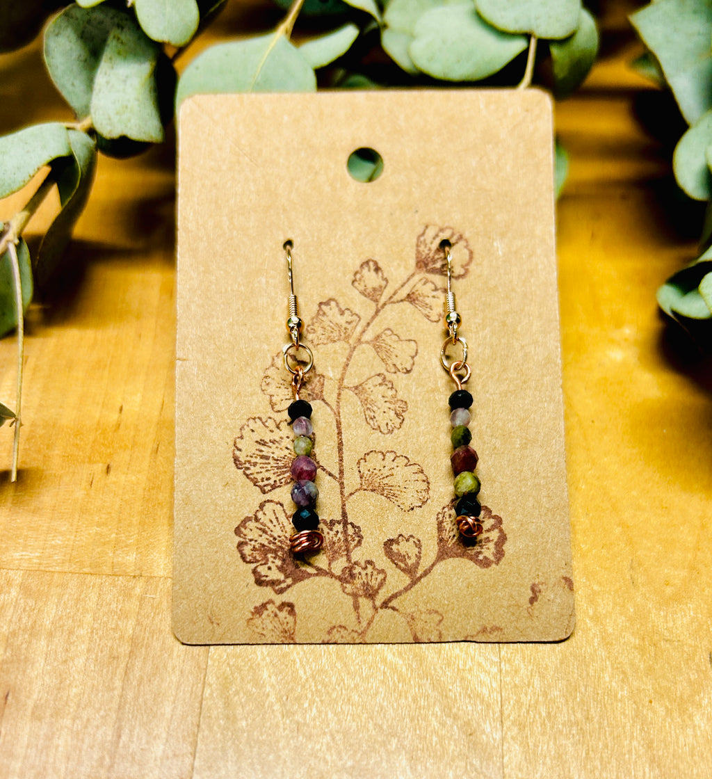Hammered Copper Faceted Black Spinel and Tourmaline Earrings