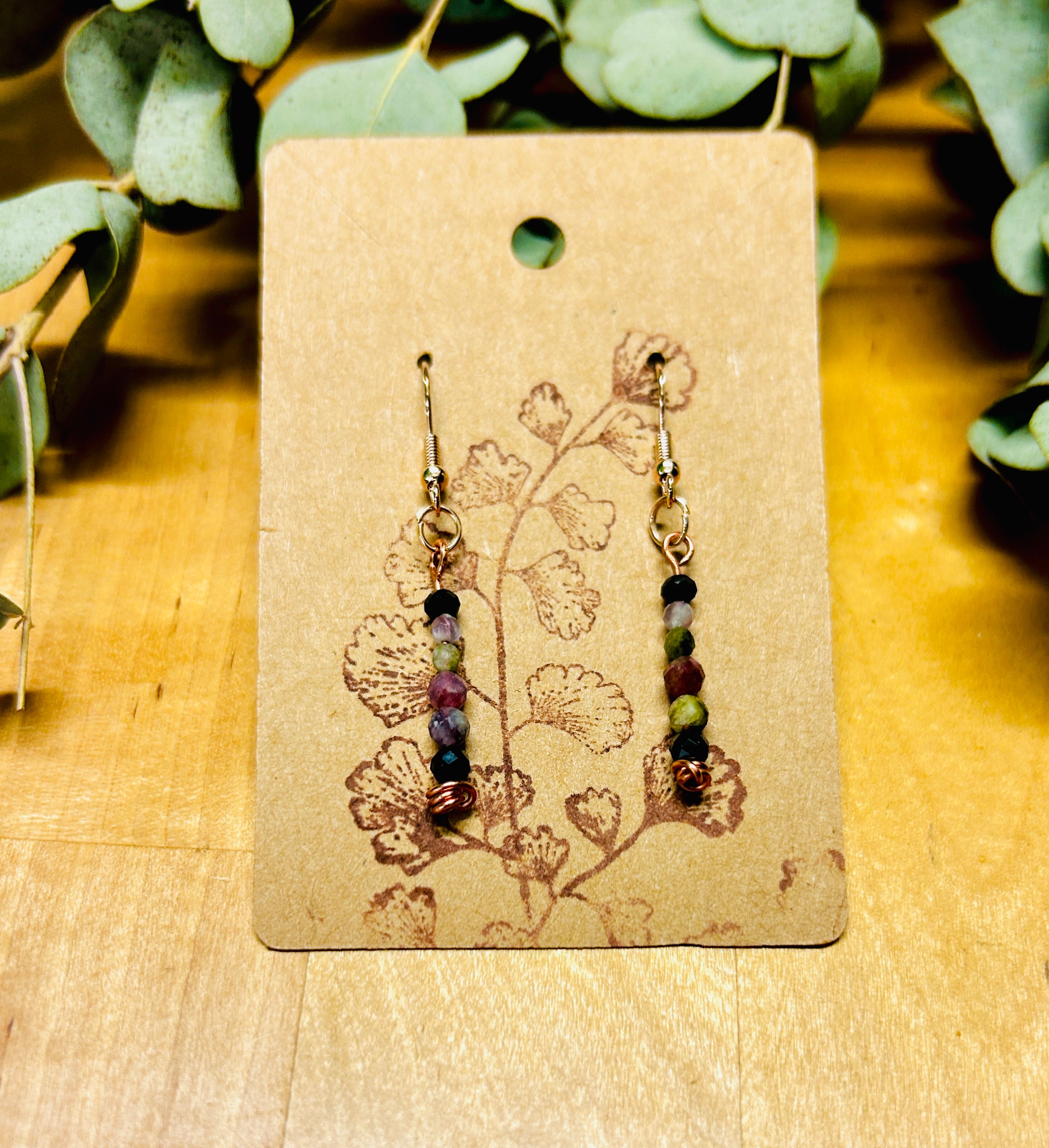 Hammered Copper Faceted Black Spinel and Tourmaline Earrings