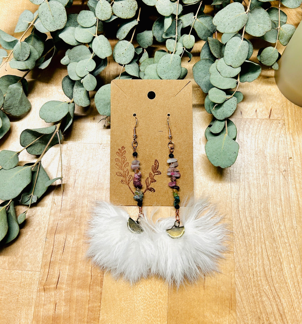 Tourmaline Chip Dangle Earrings with White Rabbit Puffs
