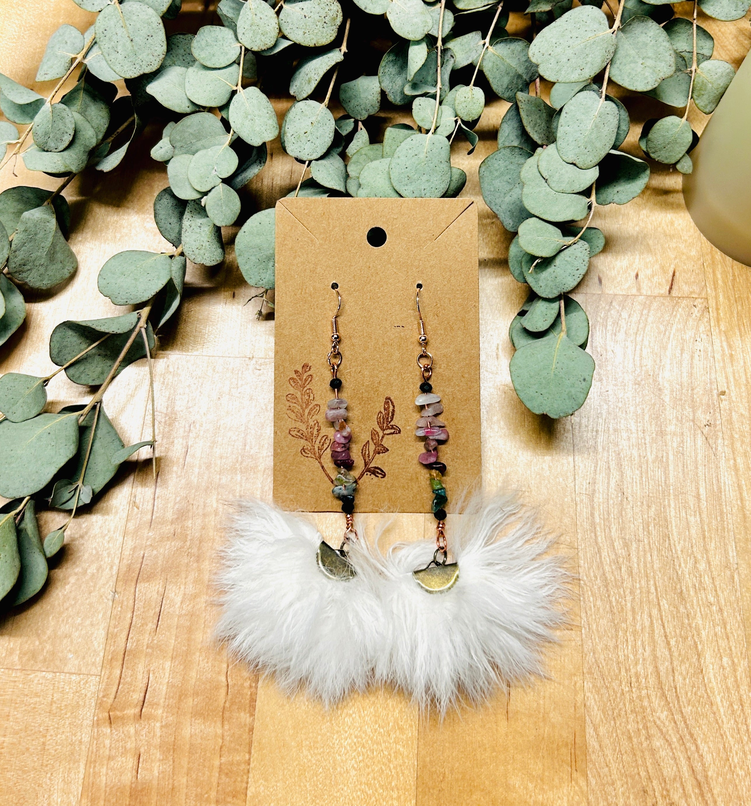 Tourmaline Chip Dangle Earrings with White Rabbit Puffs