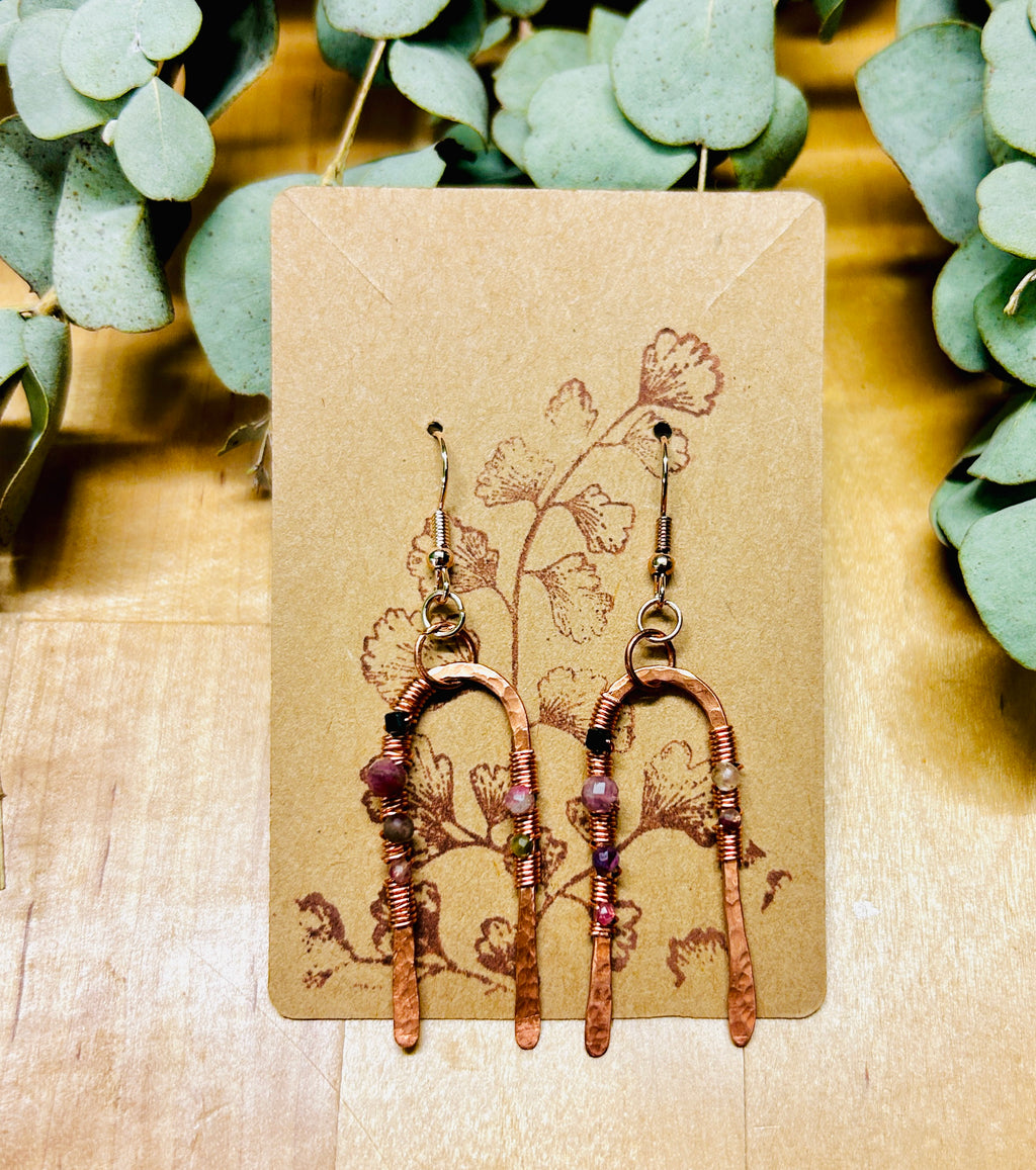 Hammered Copper Arch Earrings with Black Spinel & Tourmaline
