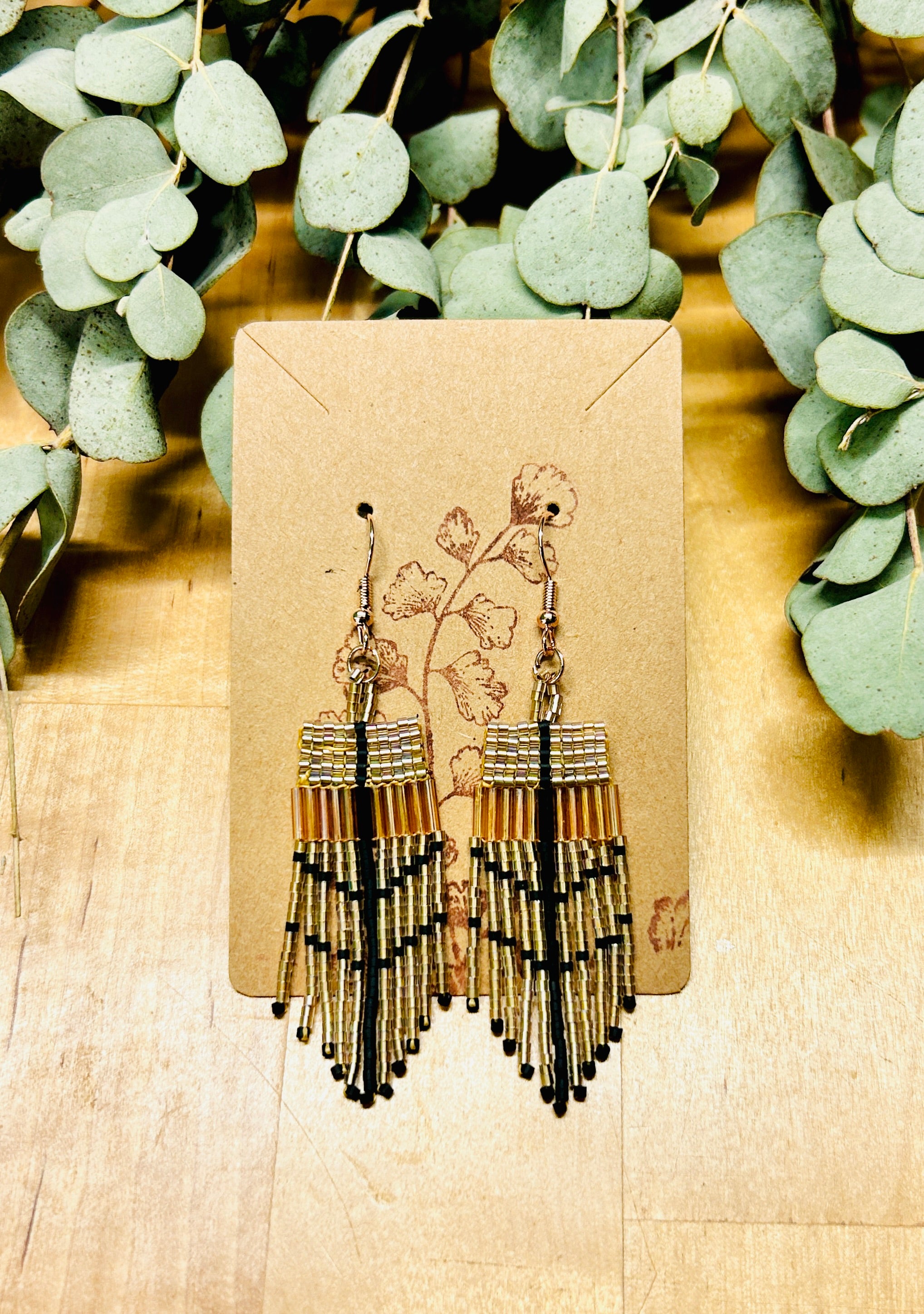 Dusty Rose Gold & Black Beaded Fringe Earrings