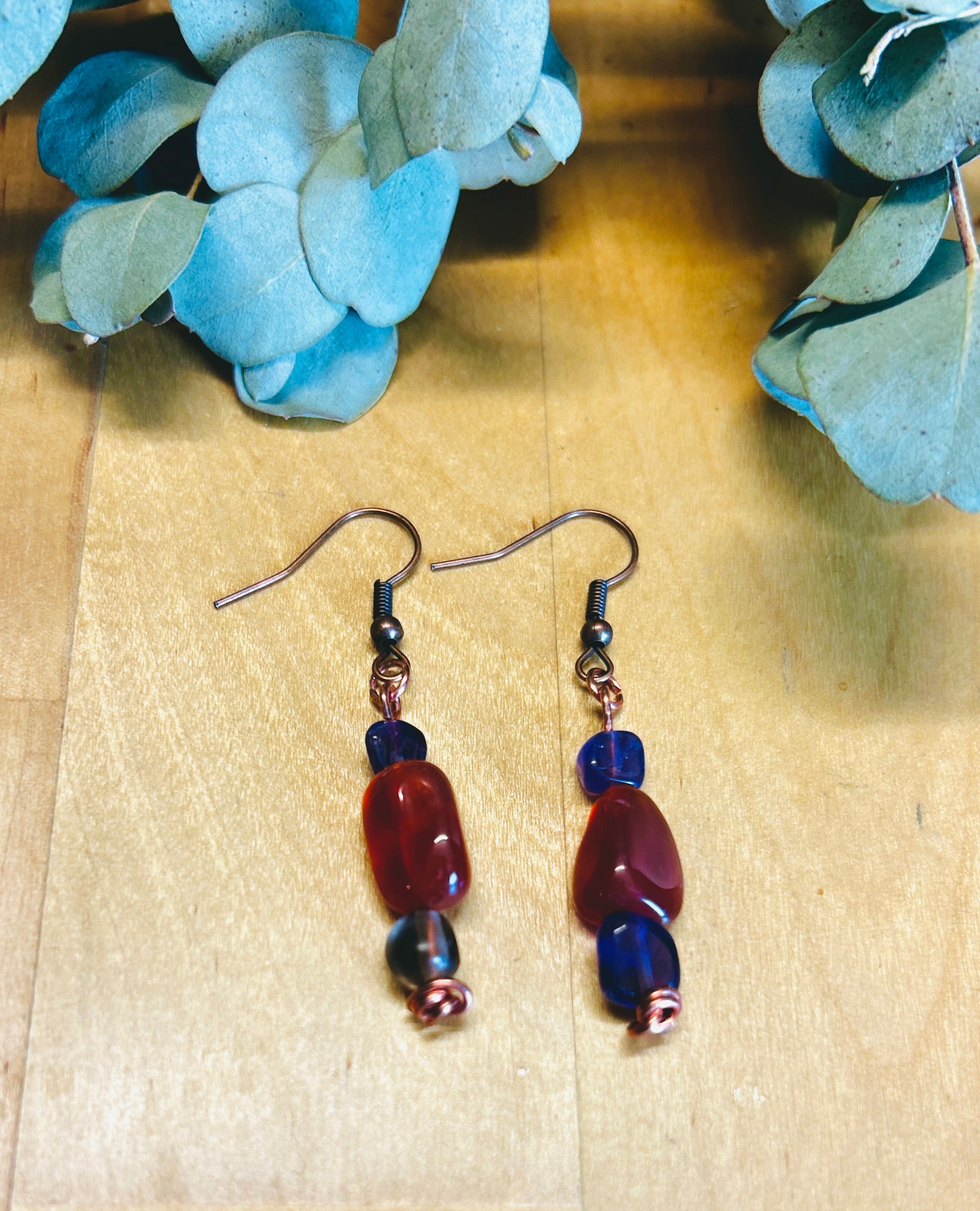 Copper Carnelian and Amethyst Drop Earrings